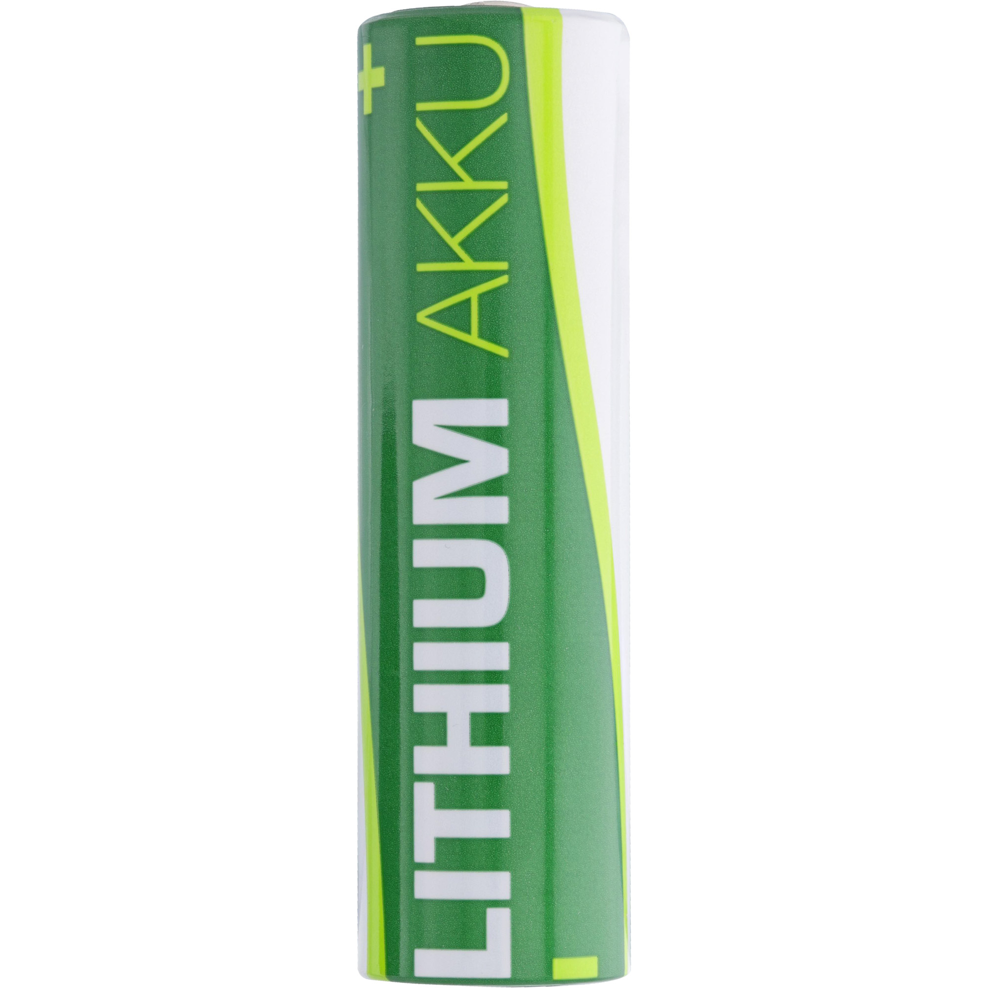 Una batteria AKKU al litio cilindrica con un'etichetta verde e bianca che mostra 'LITHIUM AKKU+'.