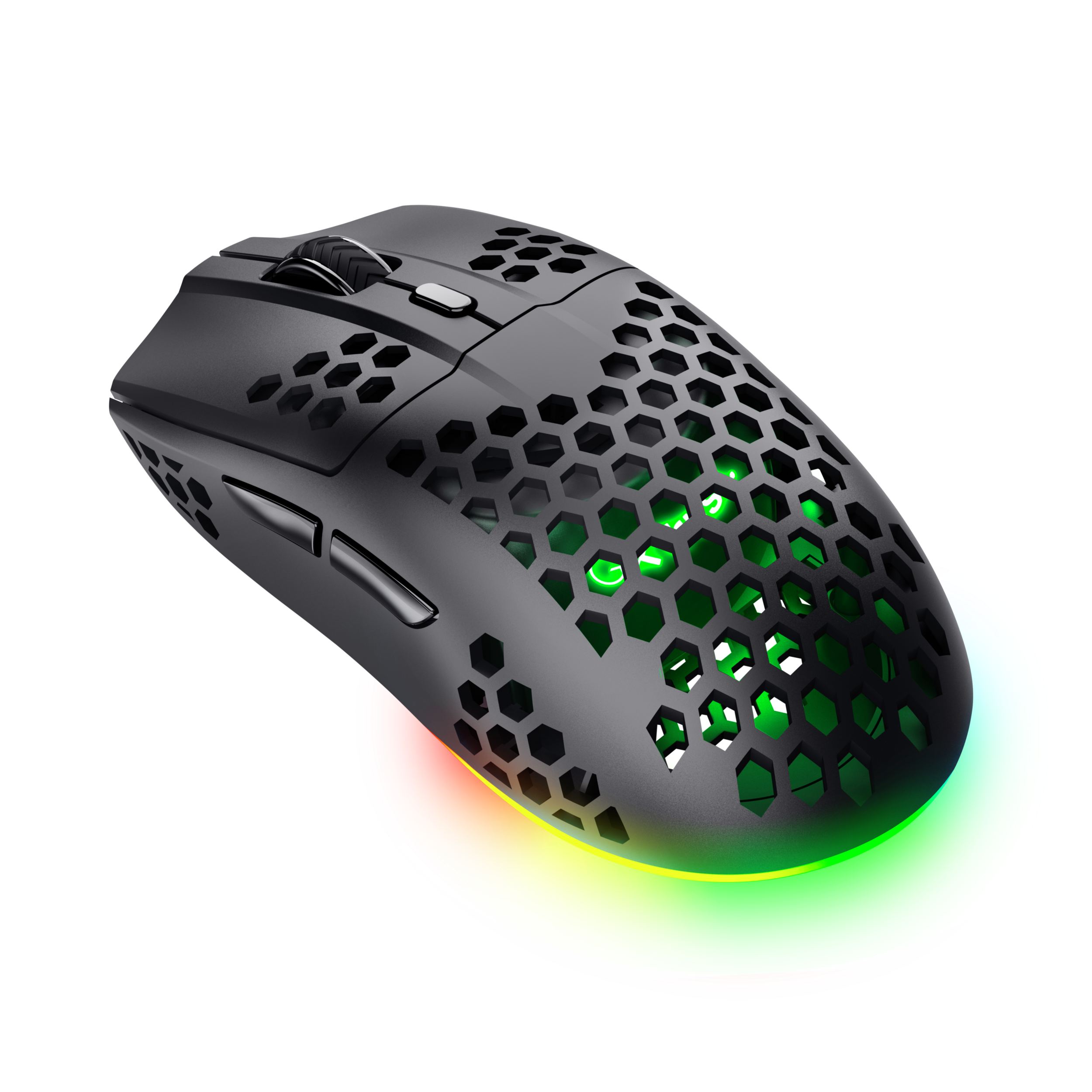 Czarna mysz do gier o konstrukcji plastra miodu i efektach świetlnych RGB.