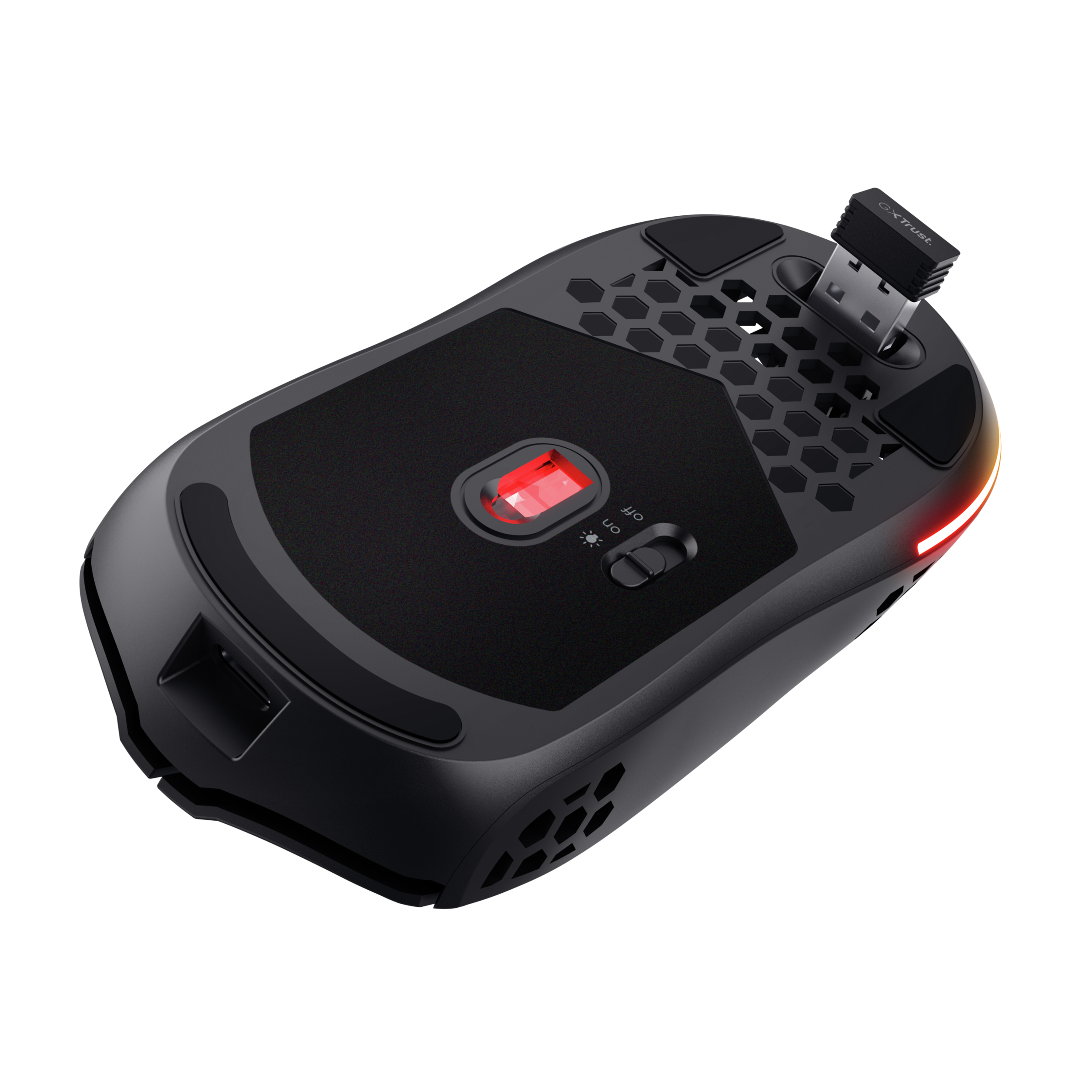 Niebieskie etui ładujące do słuchawek, zamknięte, na czarnym tle.