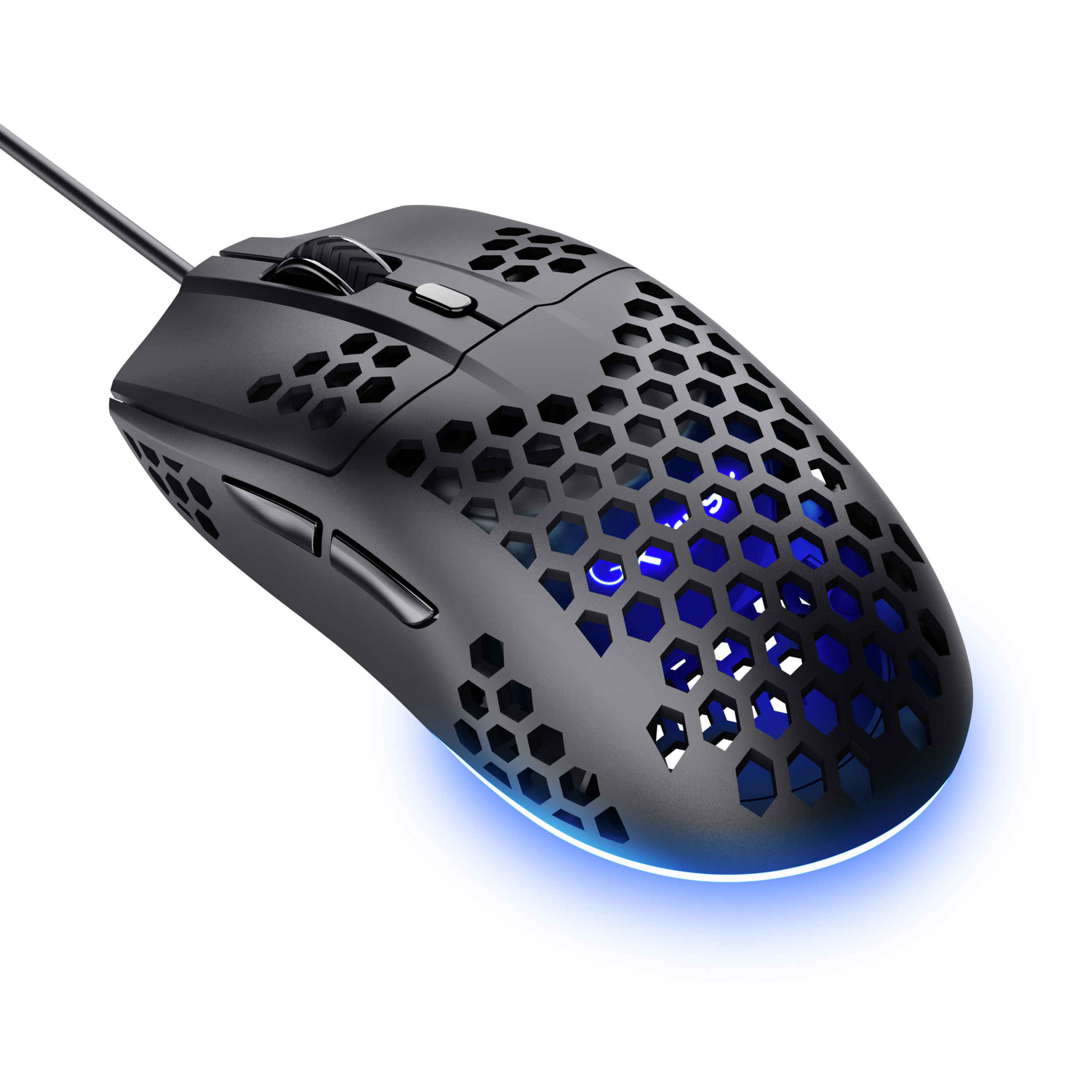 Zwarte gamingmuis met honingraatdesign en blauw licht.