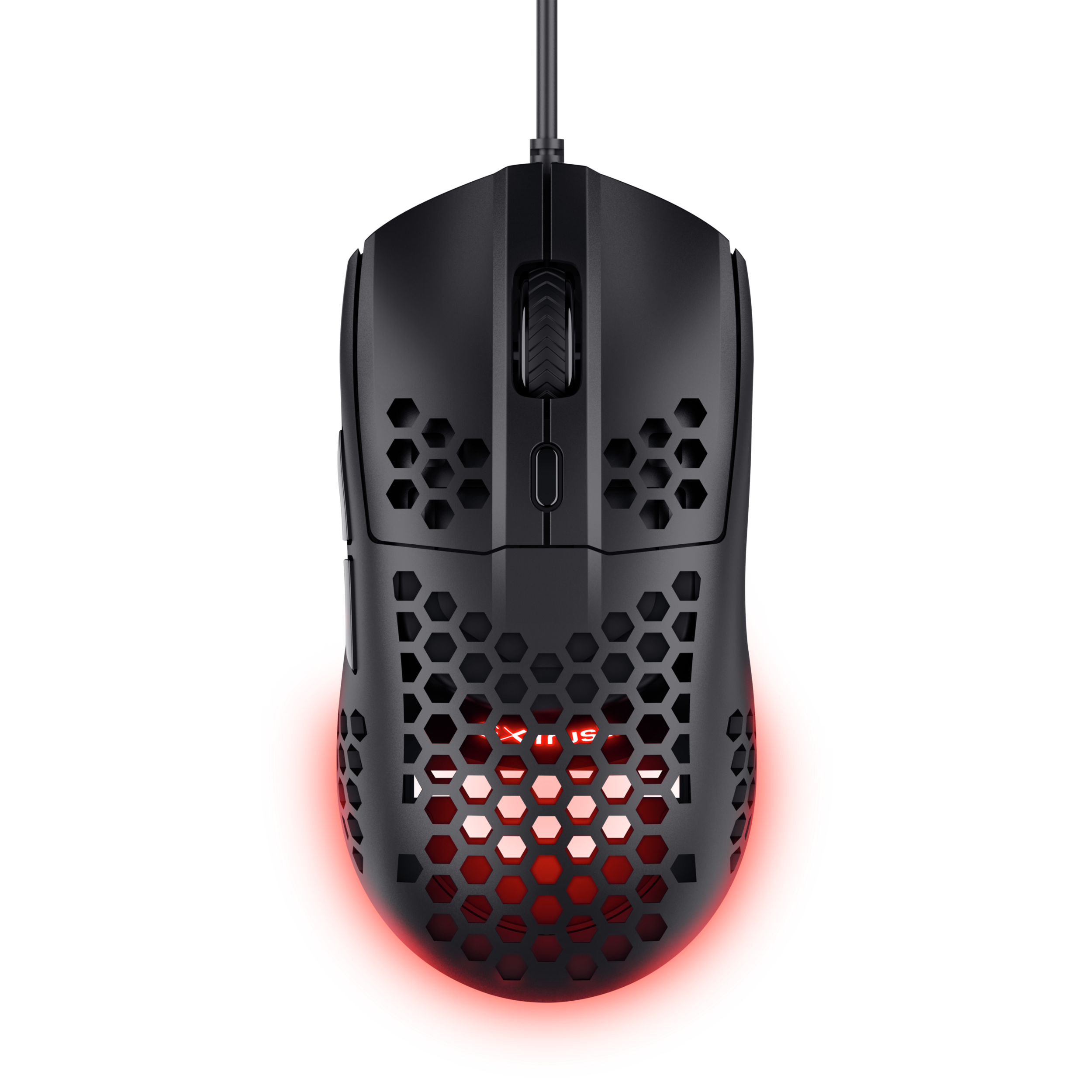 Zwarte gamingmuis met honingraatontwerp, rode gloed en een zwarte kabel.