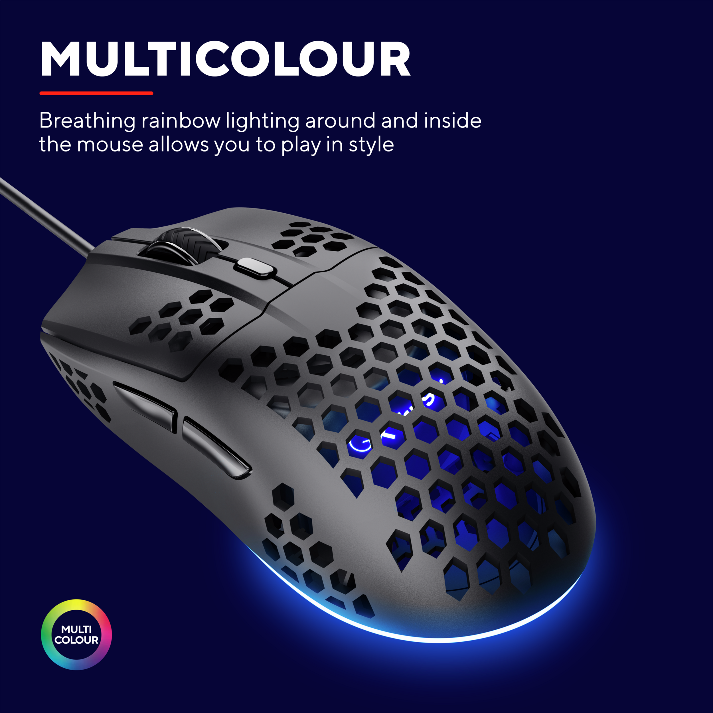 Zwarte gamingmuis met honingraatontwerp, blauwe lichten en een meerkleurige lichtstrip.