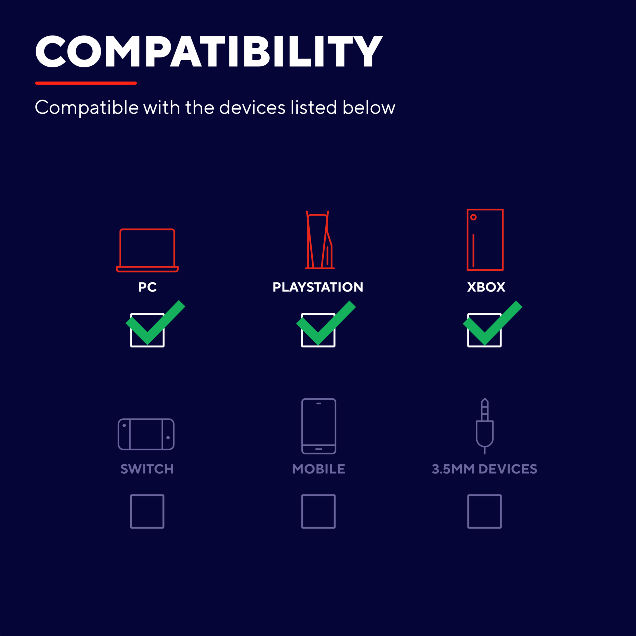 Een afbeelding die de compatibiliteit van gameconsoles toont met vinkjes voor pc, Playstation en Xbox.