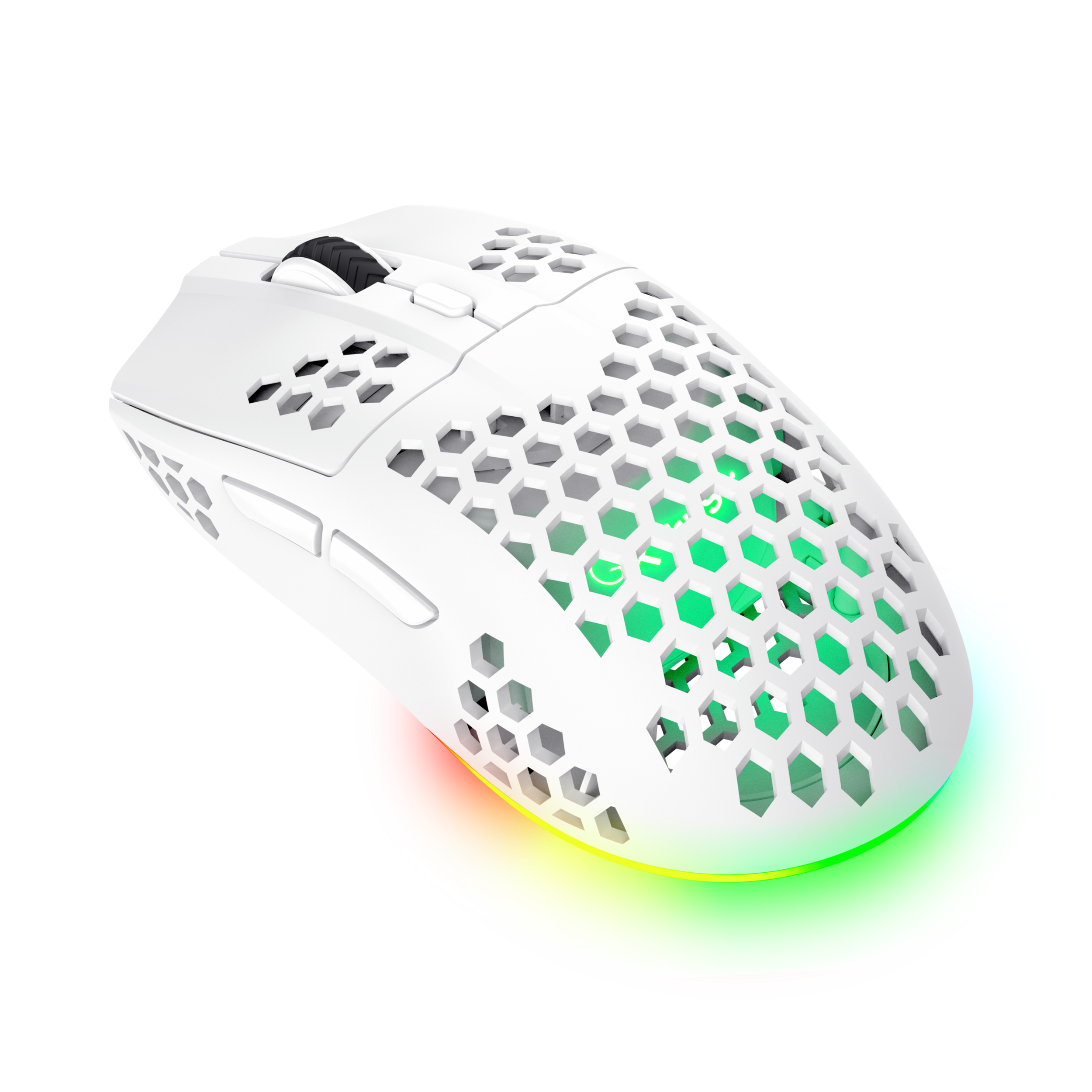 Biała mysz gamingowa, konstrukcja plastra miodu, z oświetleniem RGB. Czarne tło.