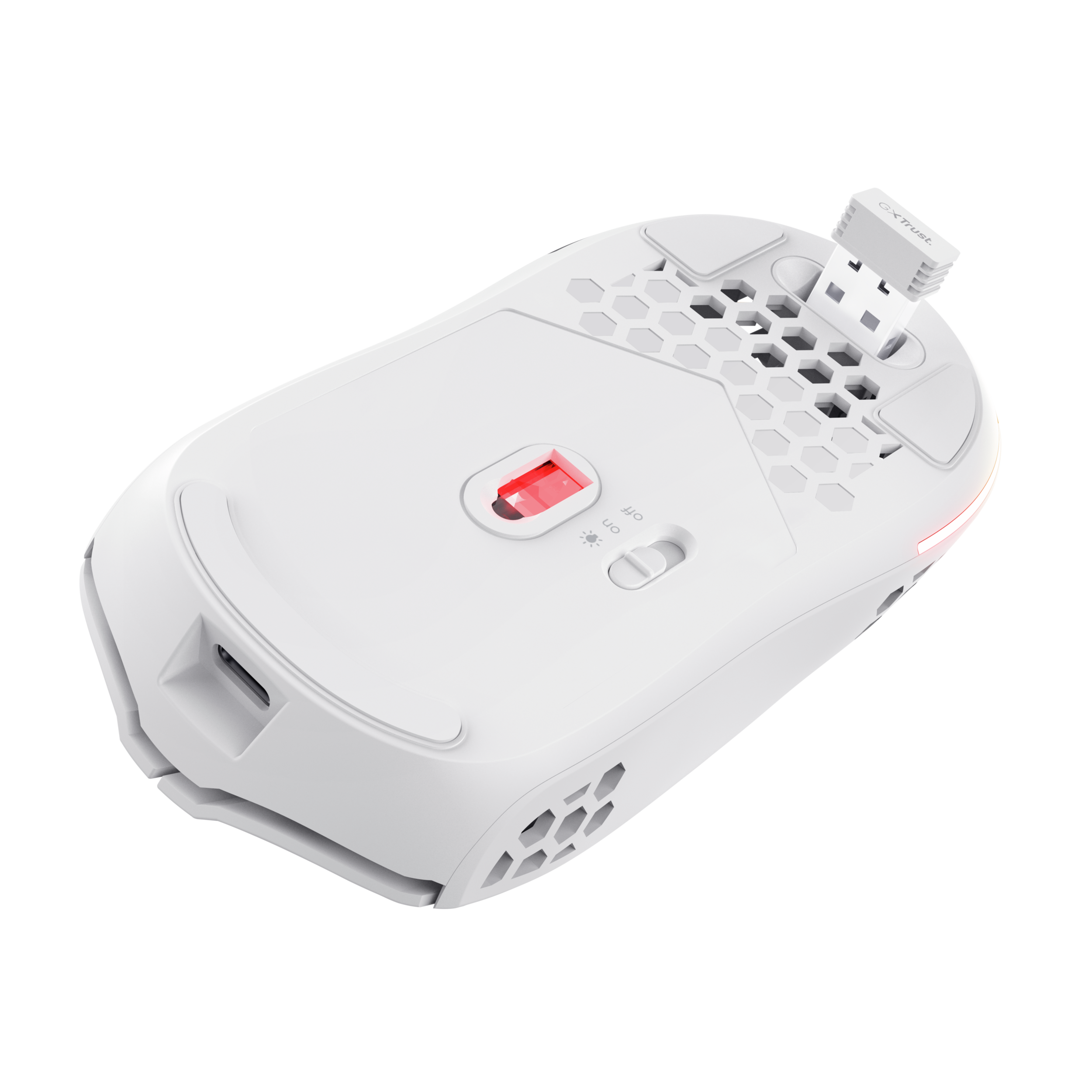 Biała mysz gamingowa, widok od spodu, o strukturze plastra miodu i czerwonym świetle.