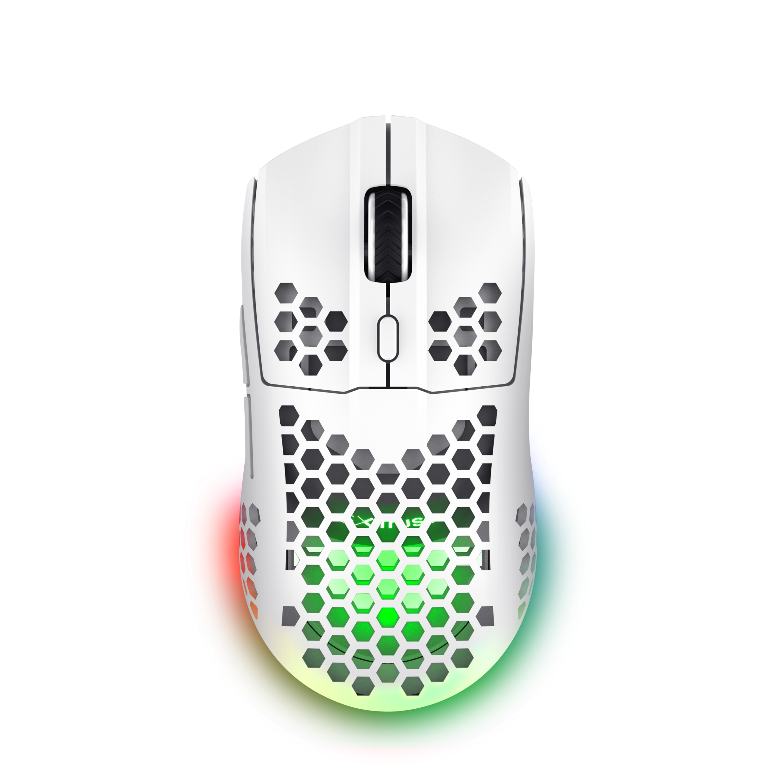 Biała mysz do gier z wzorem plastra miodu i oświetleniem RGB. Czarne tło.