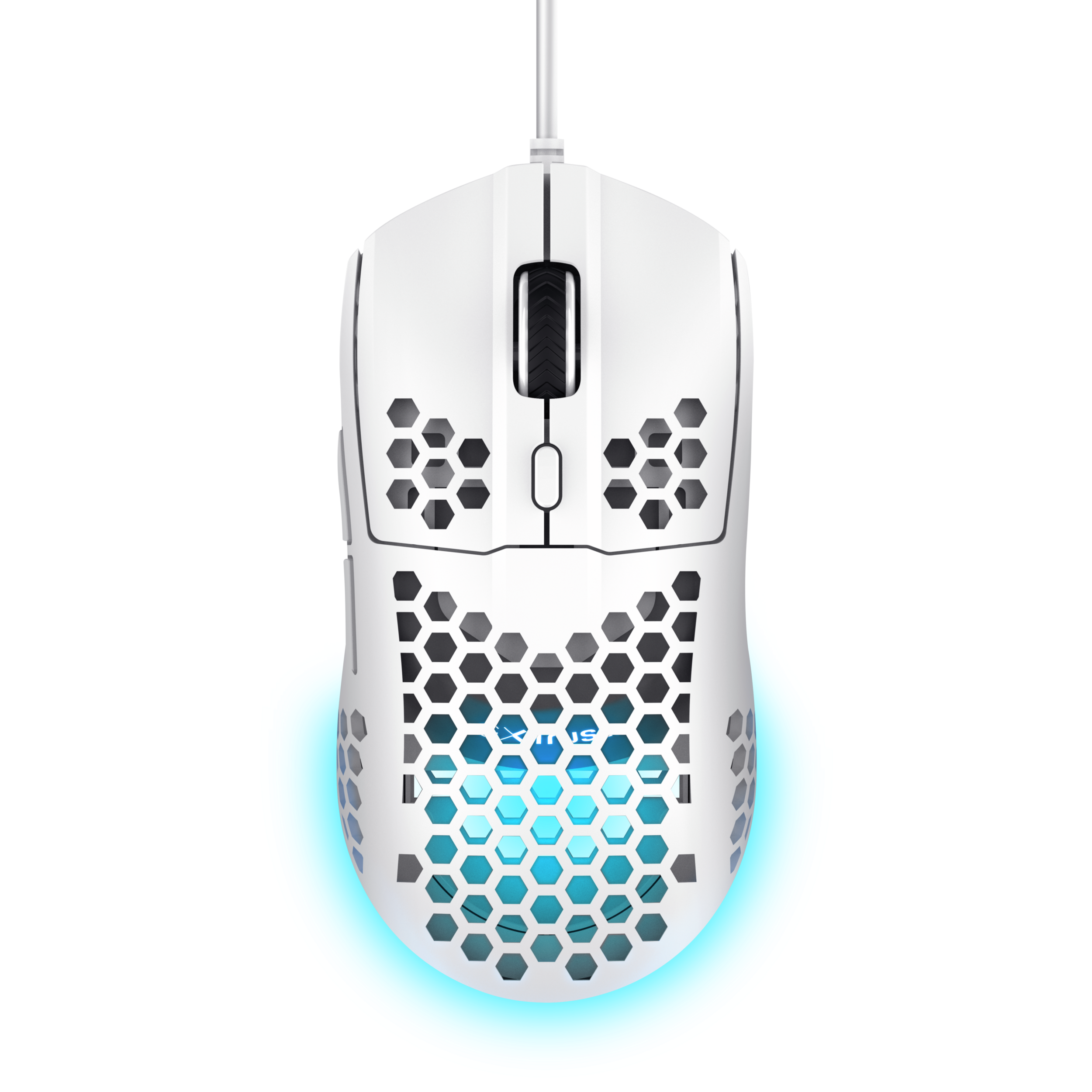 Biała mysz gamingowa o wzorze plastra miodu i niebieskim podświetleniu. Widoczne czarno-białe akcenty.