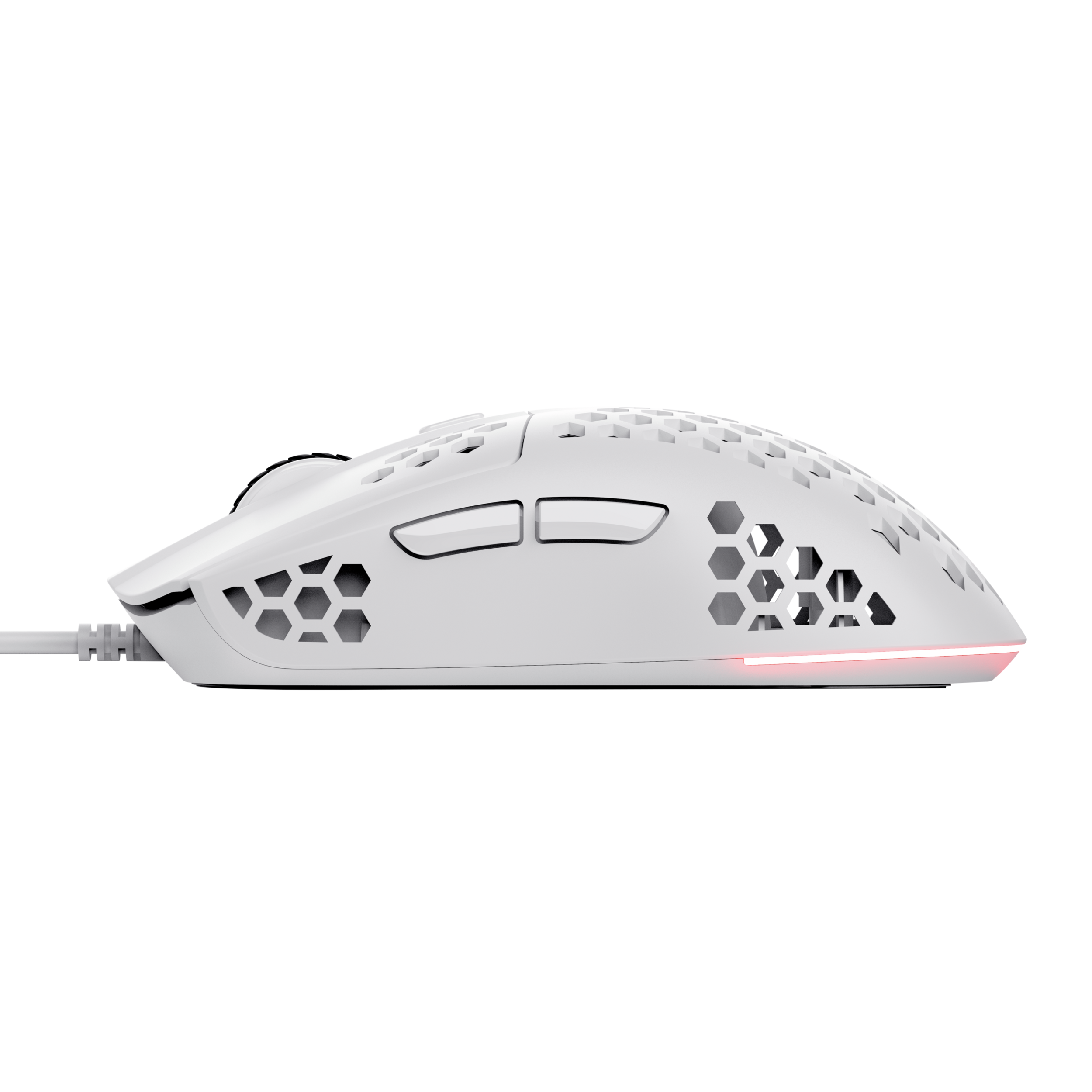 Biała mysz gamingowa o konstrukcji plastra miodu, czerwone światło na dole, na czarnym tle.