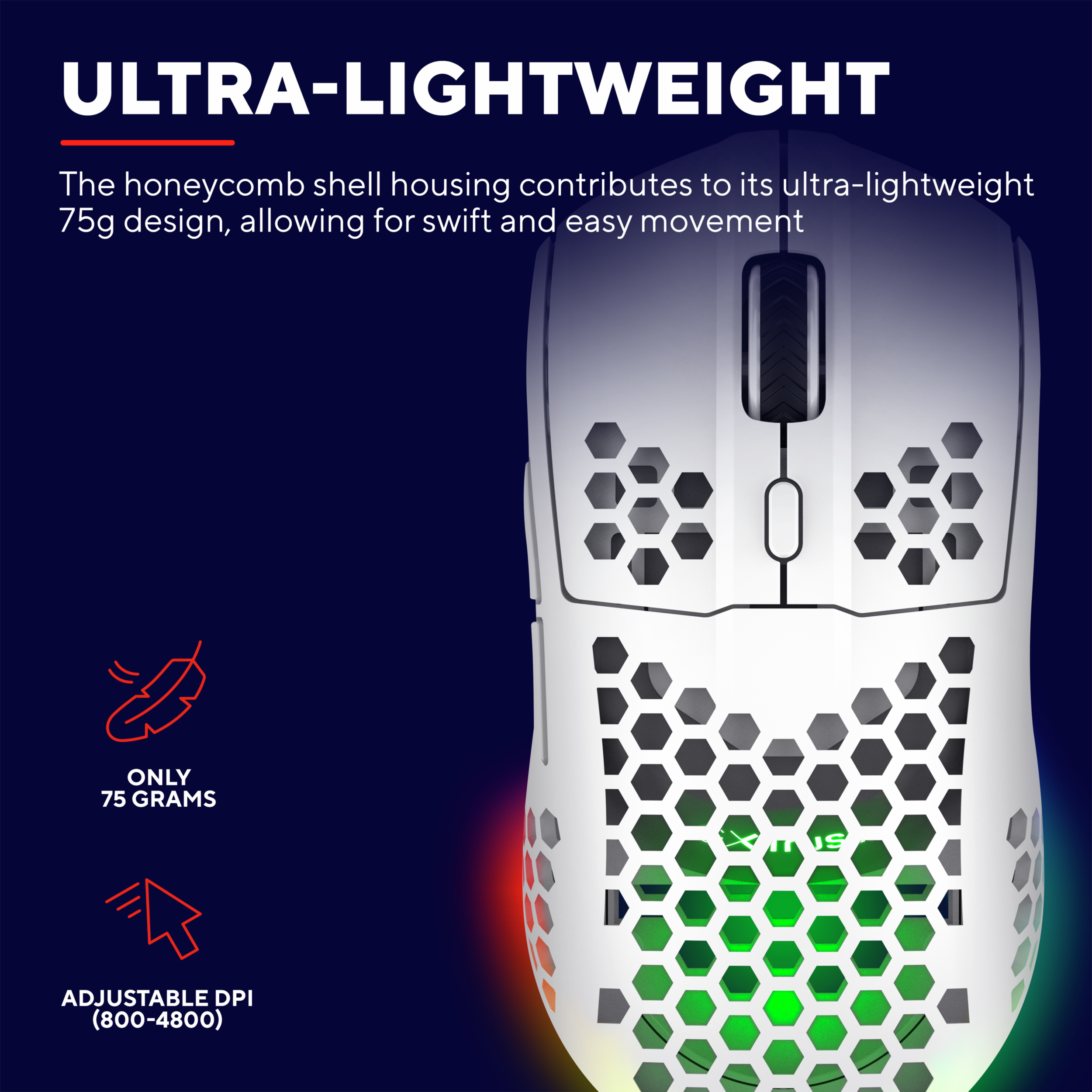 Biała mysz do gier z obudową o strukturze plastra miodu. Tekst: 'Ultra-lekka' i 'Regulowane DPI'.
