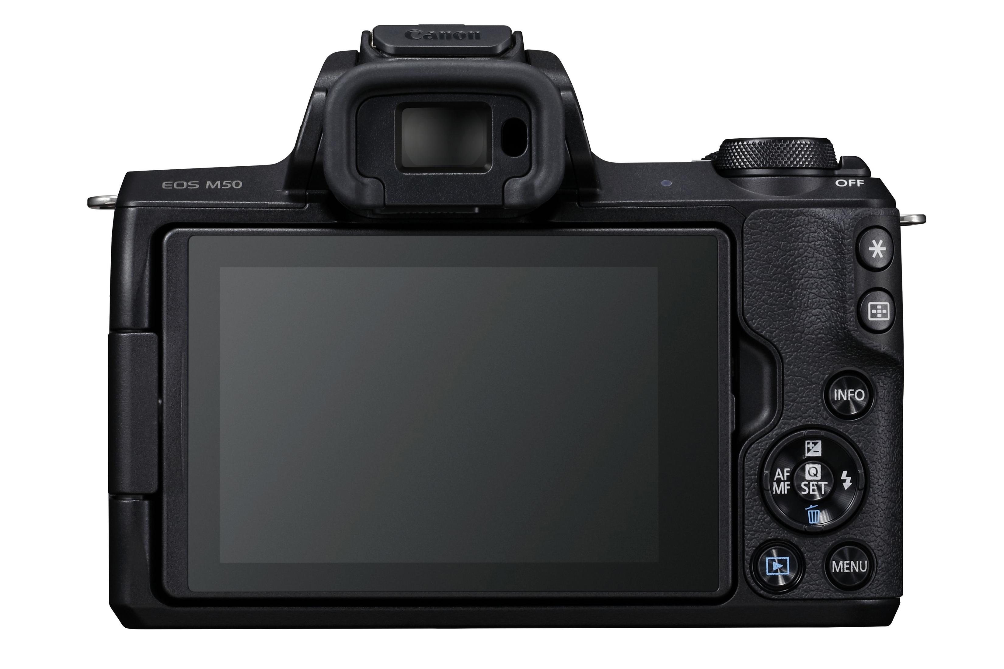 Rückseite einer schwarzen Canon EOS M50 Kamera, zeigt Bildschirm, Knöpfe und Einstellungen, auf weißem Hintergrund.