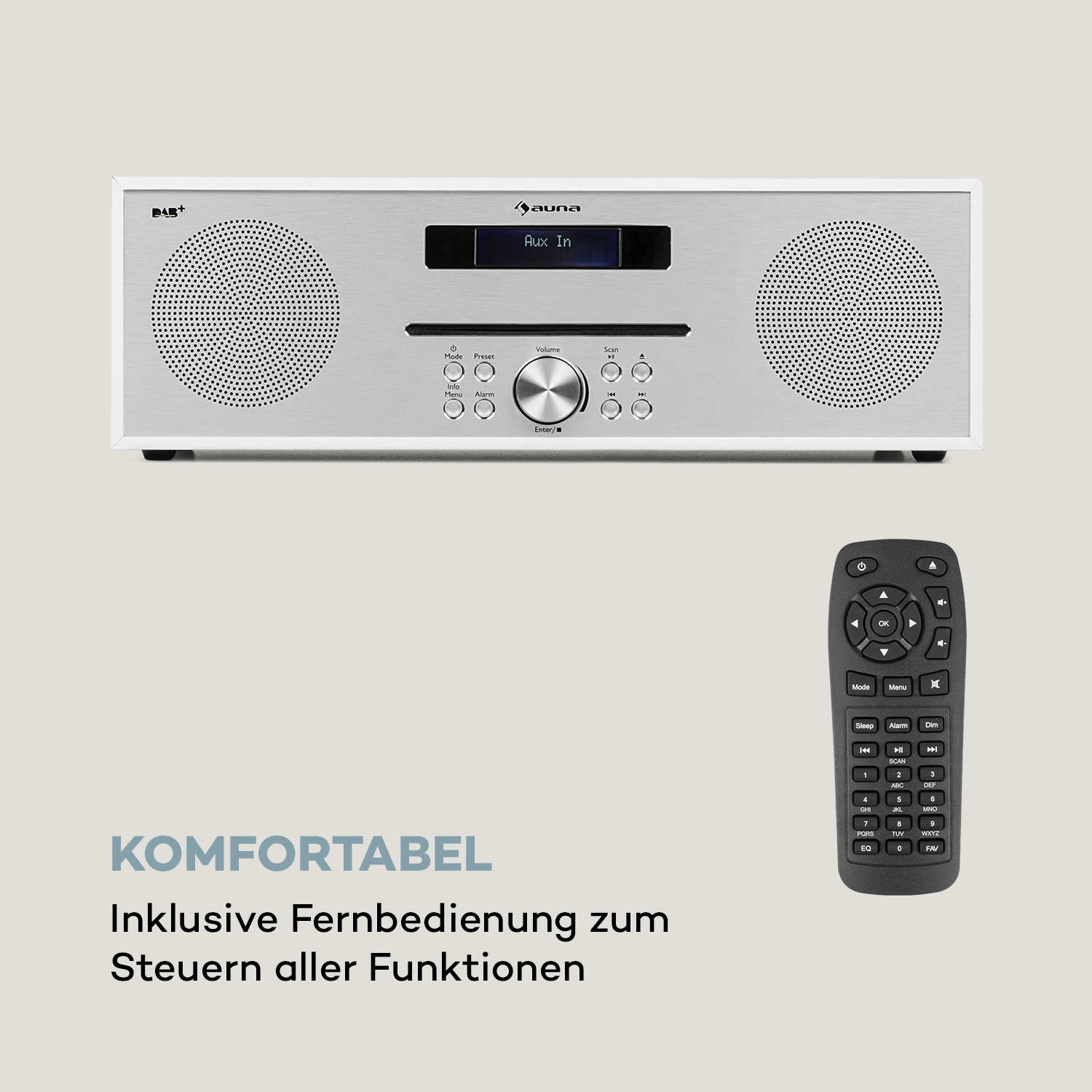 Ein silbernes und weißes Radio mit Fernbedienung.