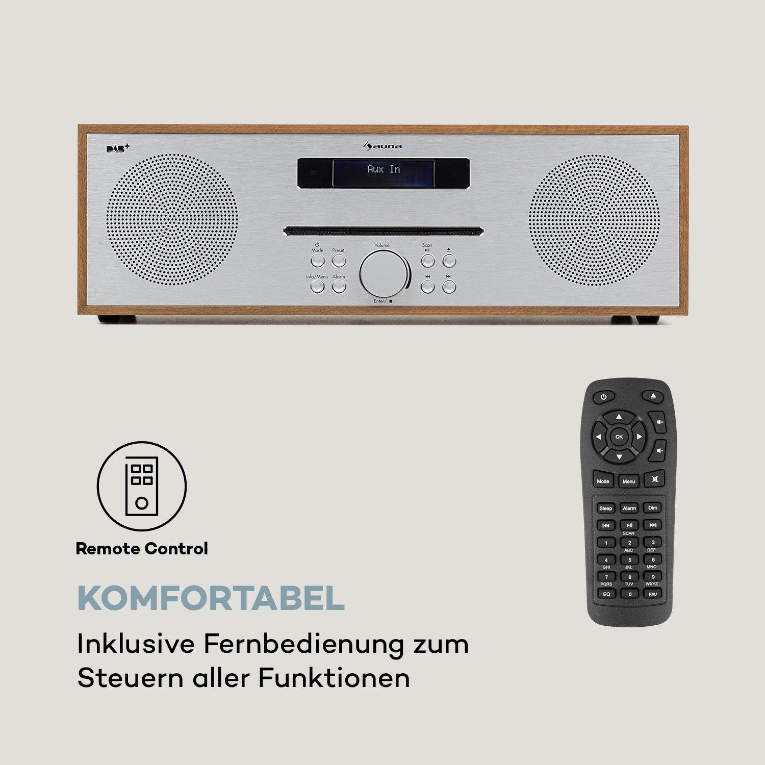 Holzlautsprecher mit Digitalanzeige und Fernbedienung.