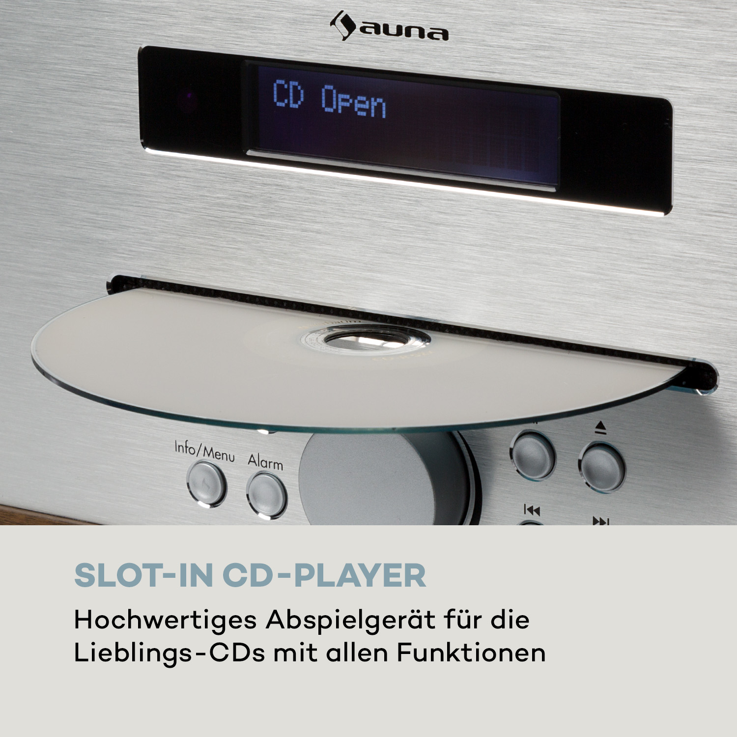 Silberner CD-Player mit ausgefahrenem CD-Fach, das den Text 'CD Open' anzeigt.