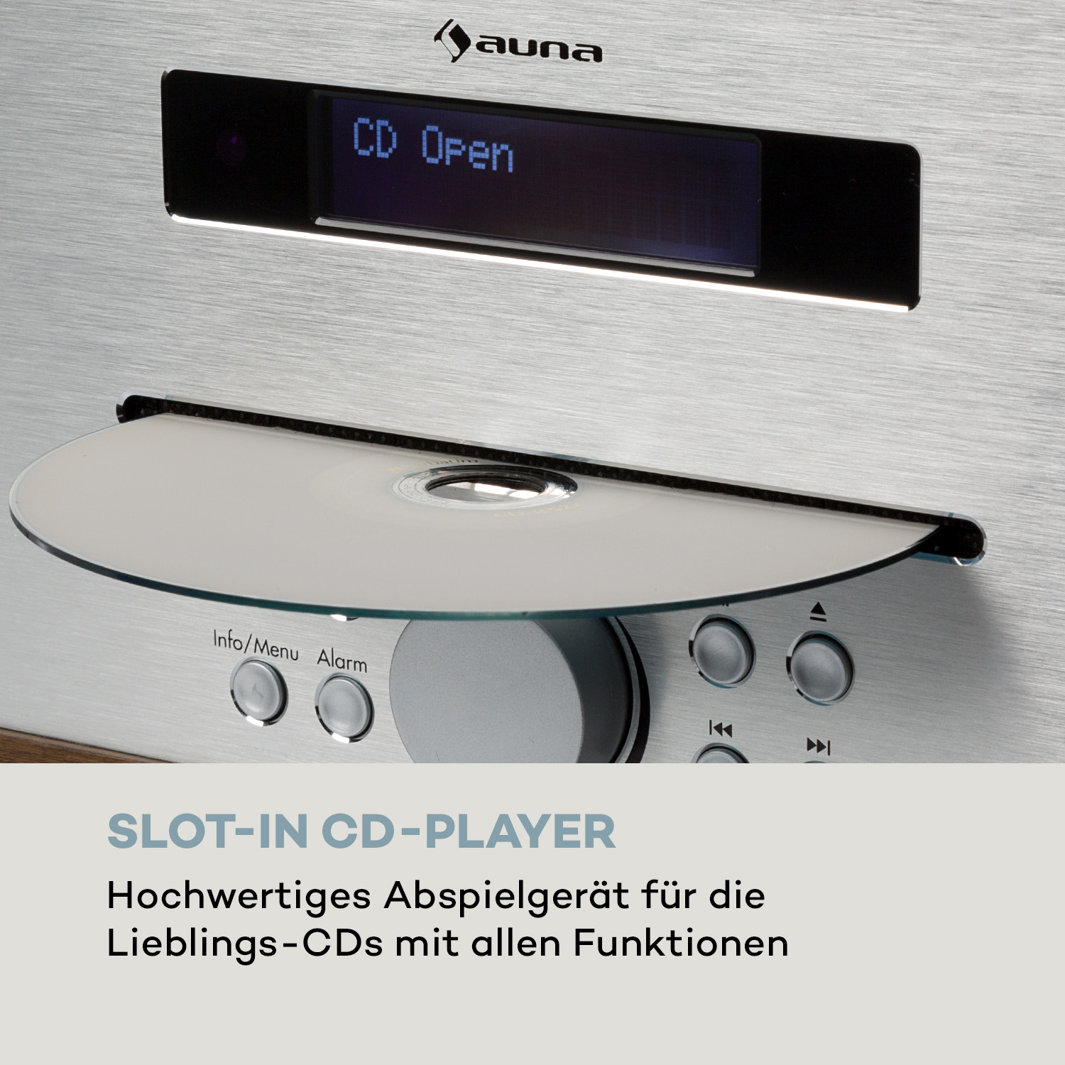 Ein silberner Auna-CD-Player mit Display, CD-Fach und dem Schriftzug 'CD Open'.