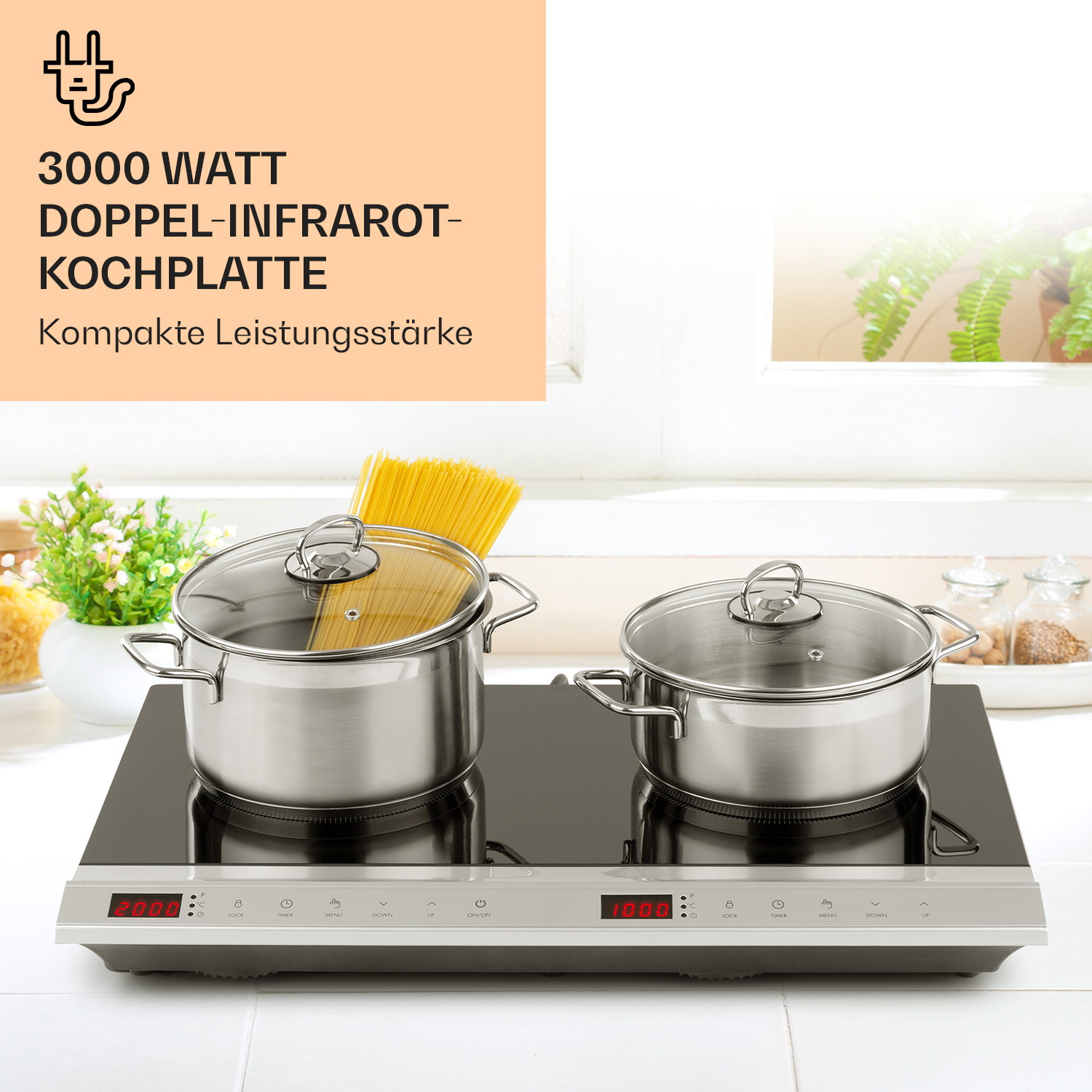 Doppel-Infrarot-Kochfeld mit zwei Töpfen und Pasta. Text auf Deutsch.