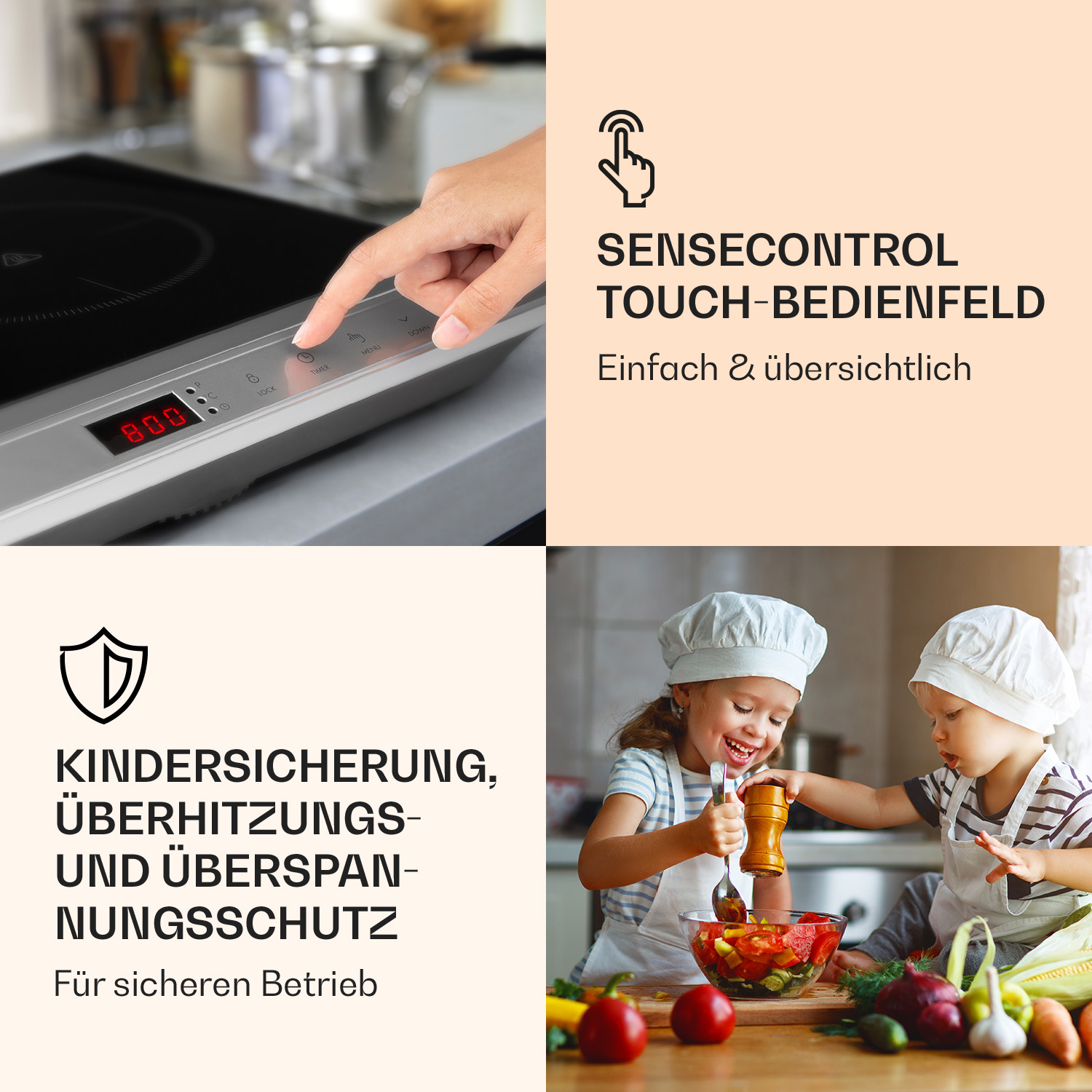 Bild eines Herds mit Touch-Bedienelementen, Text und zwei Kindern im Hintergrund.