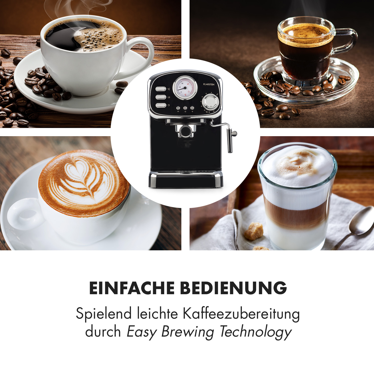 Eine Kaffeemaschine mit verschiedenen Kaffeegetränken: schwarzer Kaffee, Cappuccino und Latte.