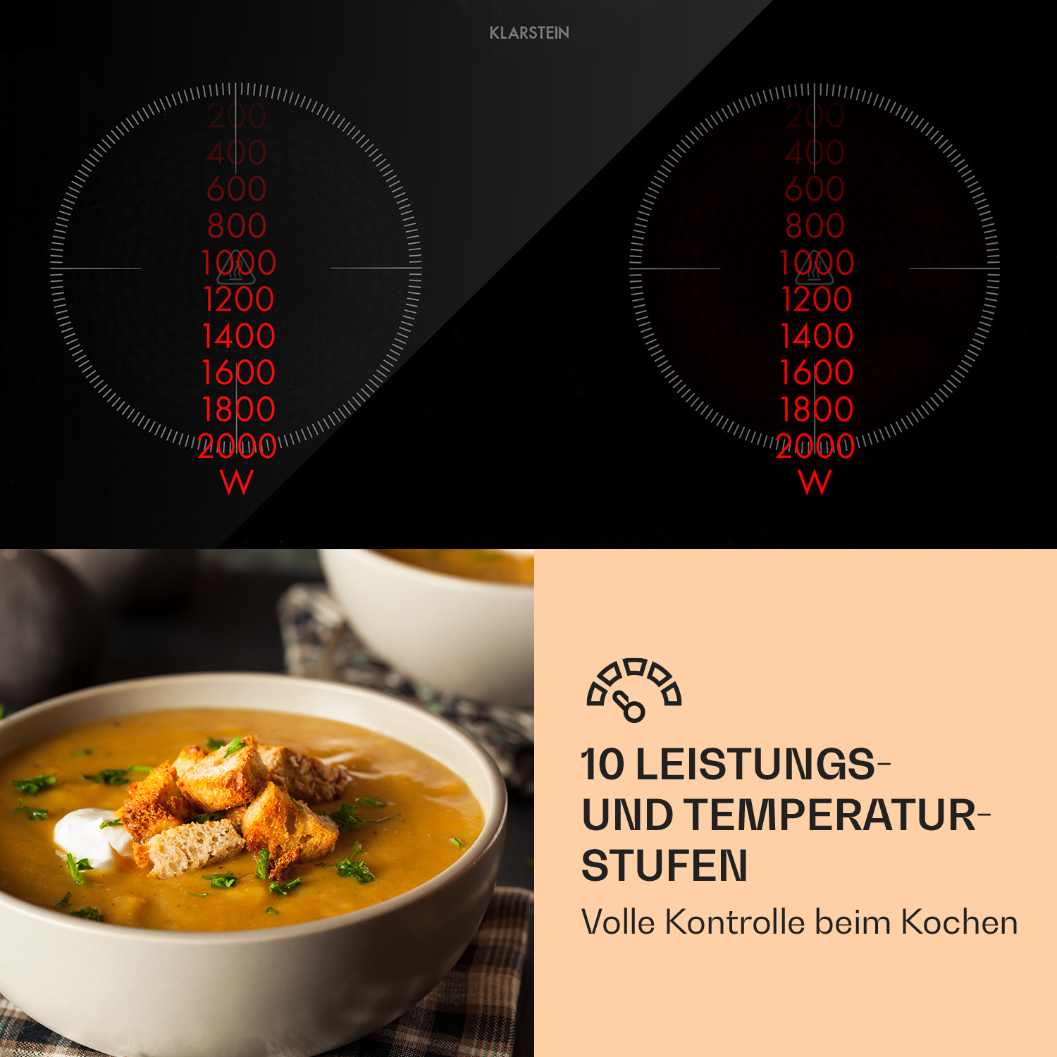 Ein schwarzes Kochfeld mit zwei beleuchteten roten Kreisen und Text: 10 LEISTUNGS- UND TEMPERATUR-STUFEN.
