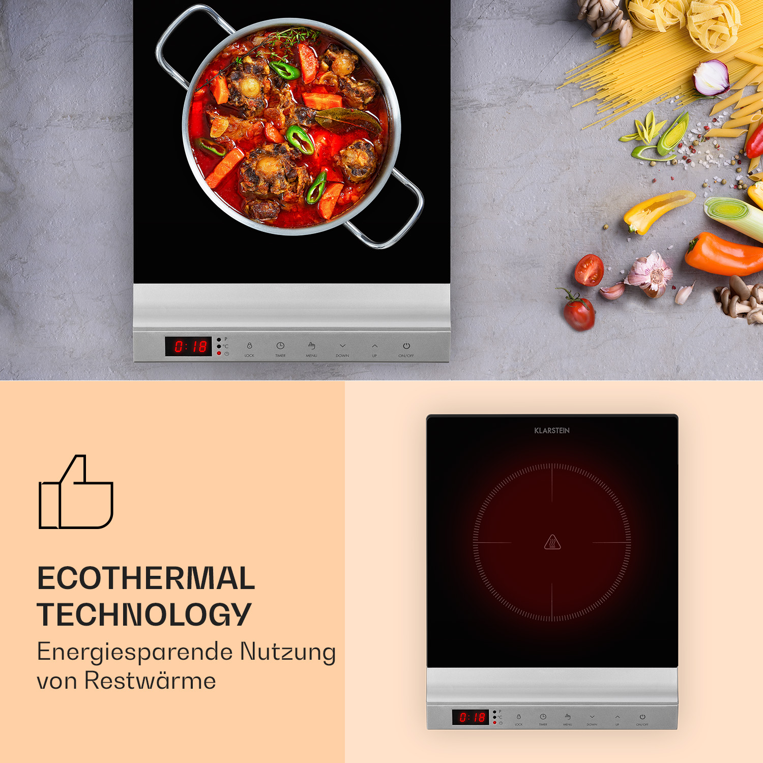 Induktionskochfeld mit einem Topf mit Essen und eine Illustration der ökothermischen Technologie.