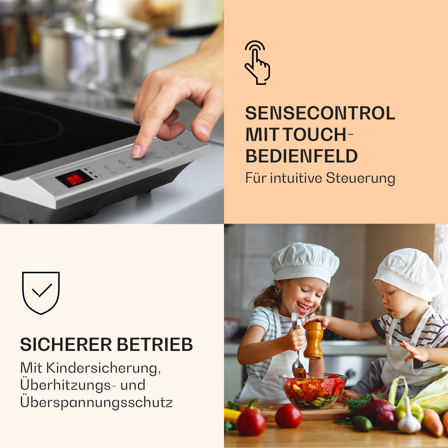 Eine Collage mit Bildern, die ein Touch-Bedienfeld auf einem Herd und kochende Kinder zeigen.