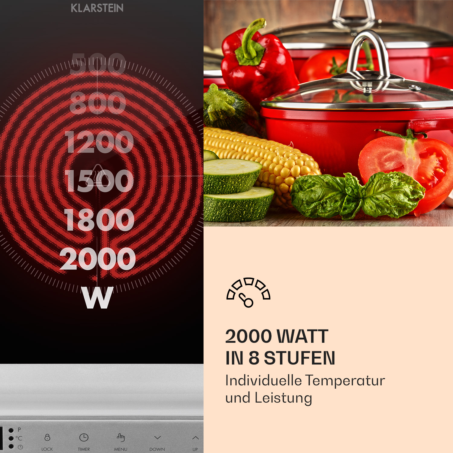 Nahaufnahme eines schwarzen Induktionskochfelds mit glühendem rotem Heizelement und Display.