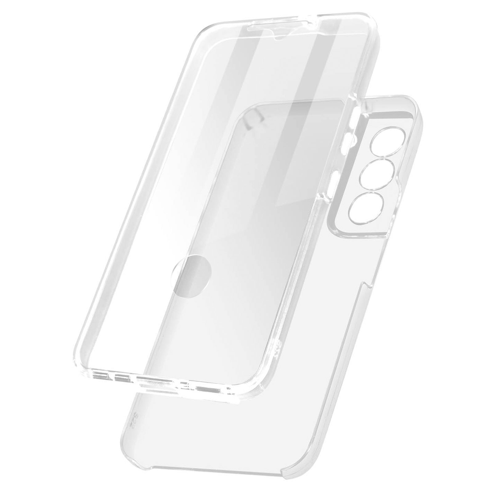 Coque de téléphone transparente avec couvercle transparent. Elle a des découpes pour l'appareil photo.