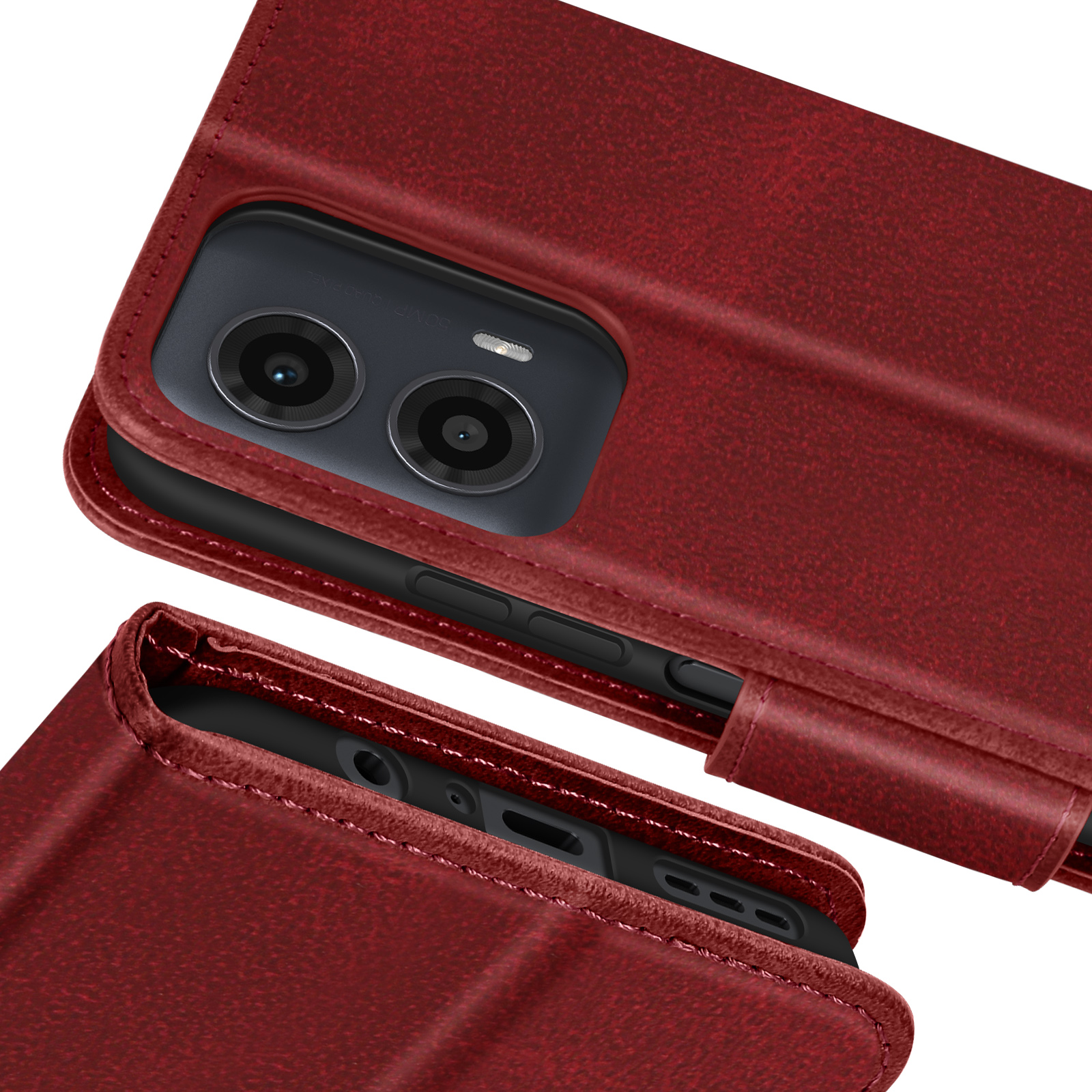 Primo piano di una custodia rossa per telefono. La custodia è aperta, rivelando la fotocamera e lo schermo.