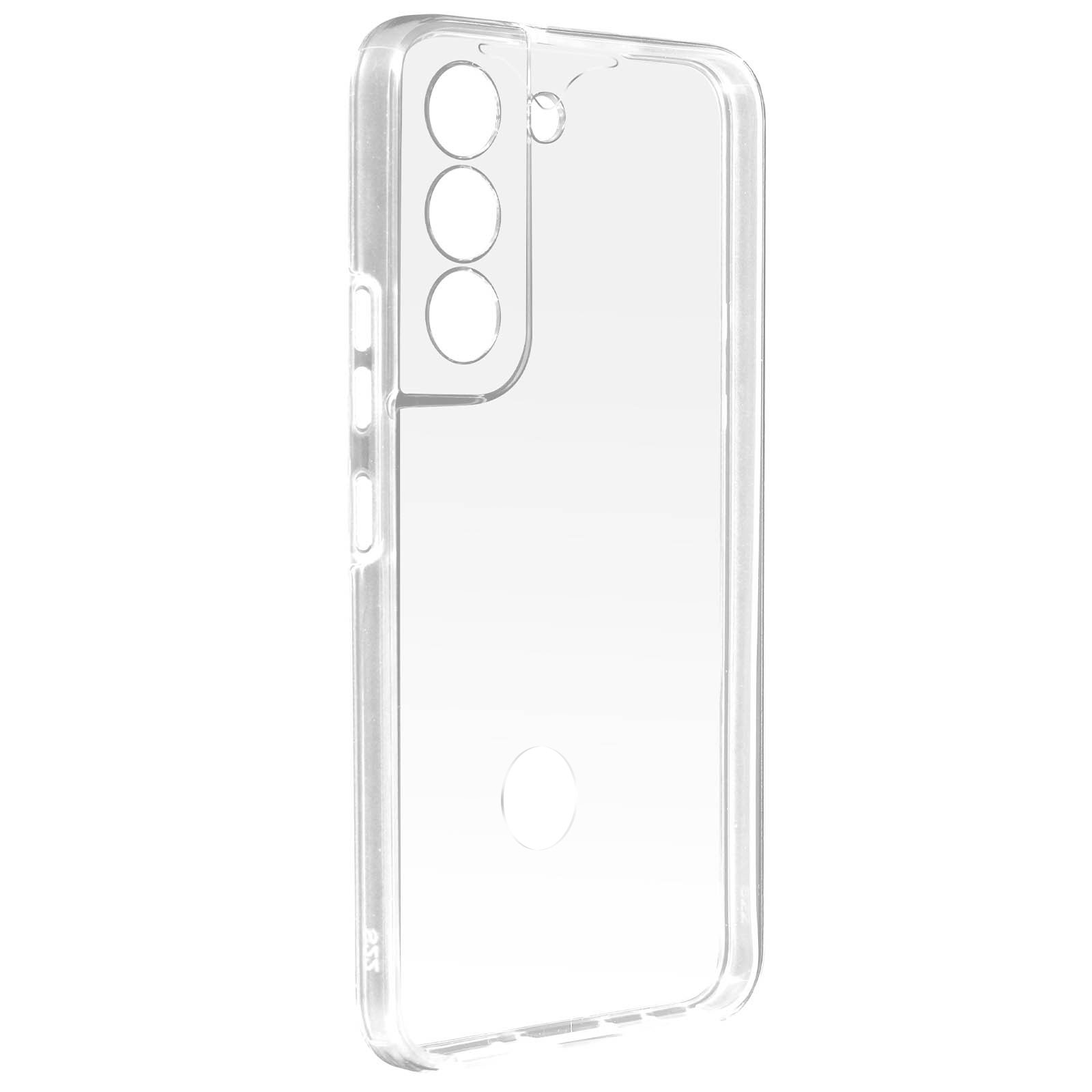 Une coque de téléphone transparente avec trois découpes pour l'appareil photo et un trou pour le flash.