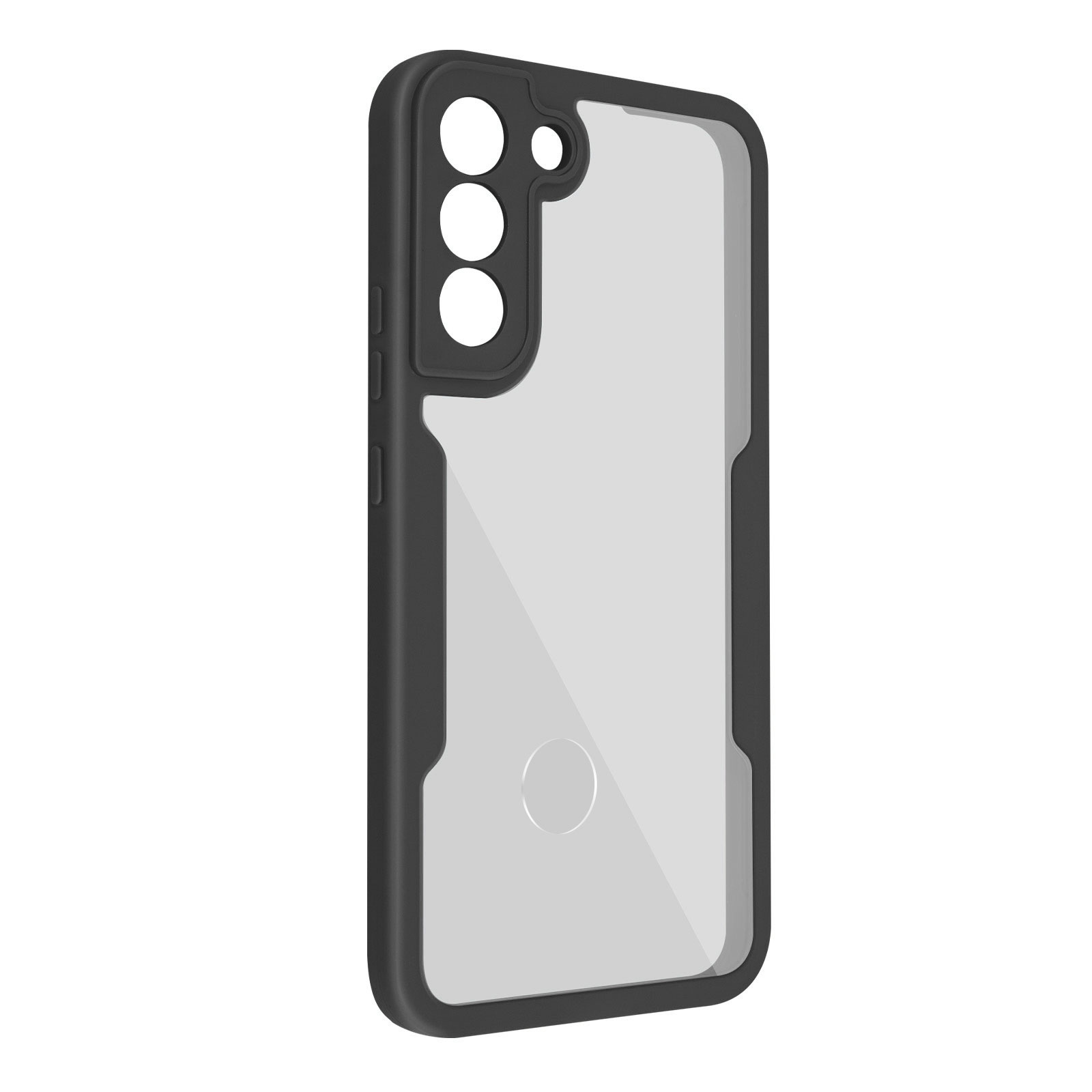 Custodia nera per telefono con retro trasparente. Ha ritagli per la fotocamera. Cornice nera.