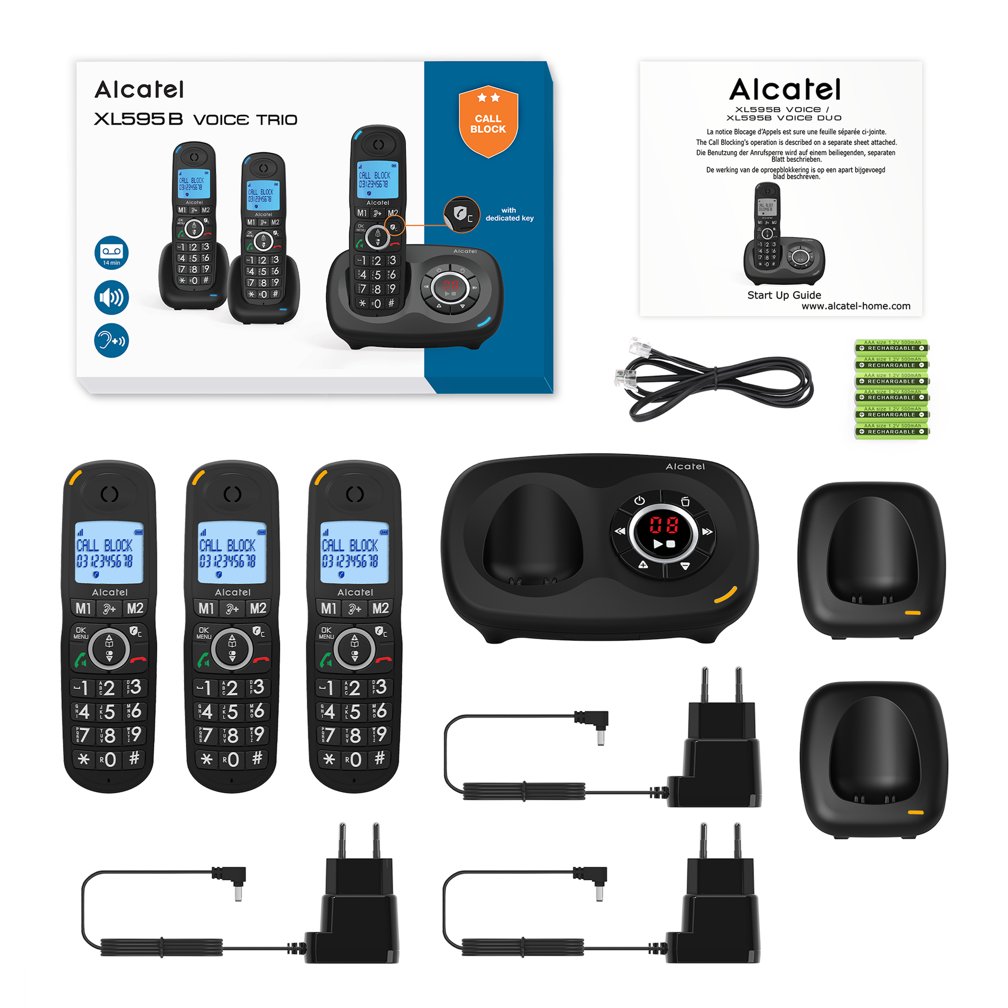 Sistema telefonico Alcatel con portatili, stazioni base, caricabatterie e accessori. Testo: Blocco chiamate.