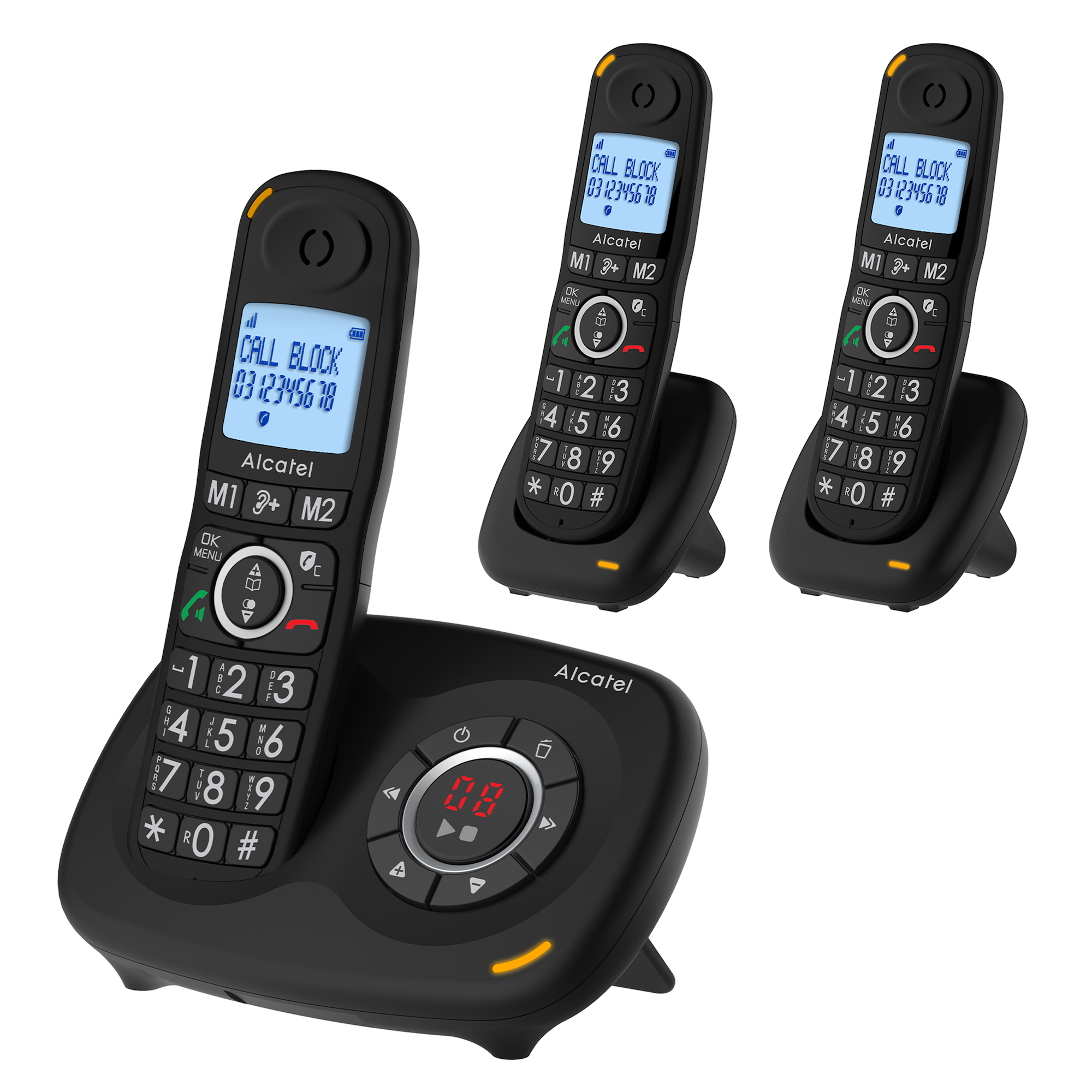 Tre telefoni cordless su una base di ricarica. Gli schermi dei telefoni visualizzano numeri. Testo: Blocco chiamate.