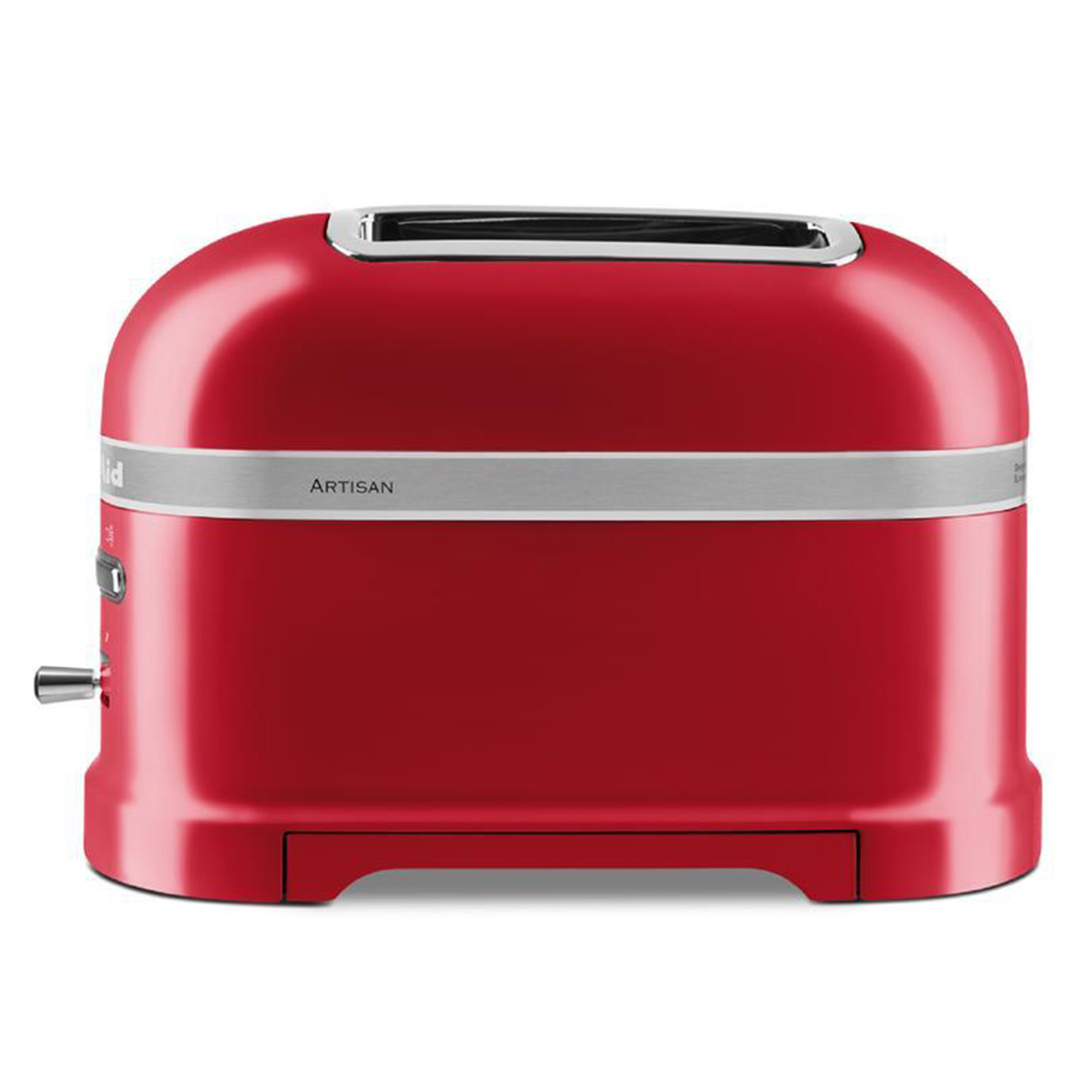 Kırmızı KitchenAid tost makinesi. Kavisli bir gövdeye, gümüş bir çubuğa ve üzerinde ARTISAN yazısına sahip.