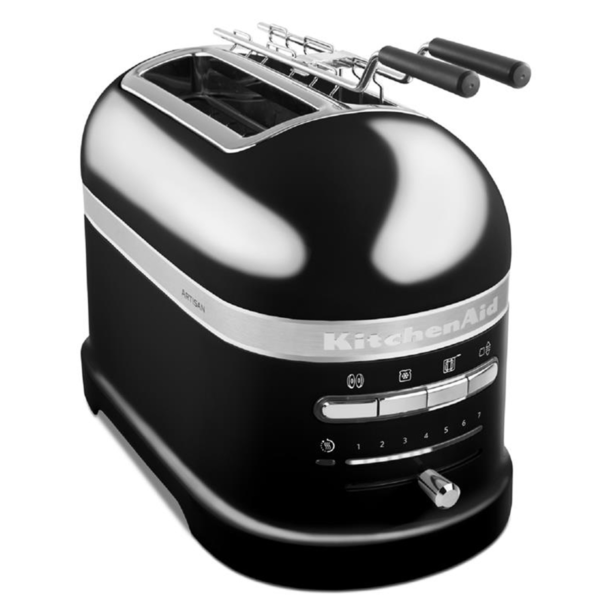 Siyah KitchenAid Artisan tost makinesi. Gümüş vurgulara ve 7 ayarlı bir kola sahip.