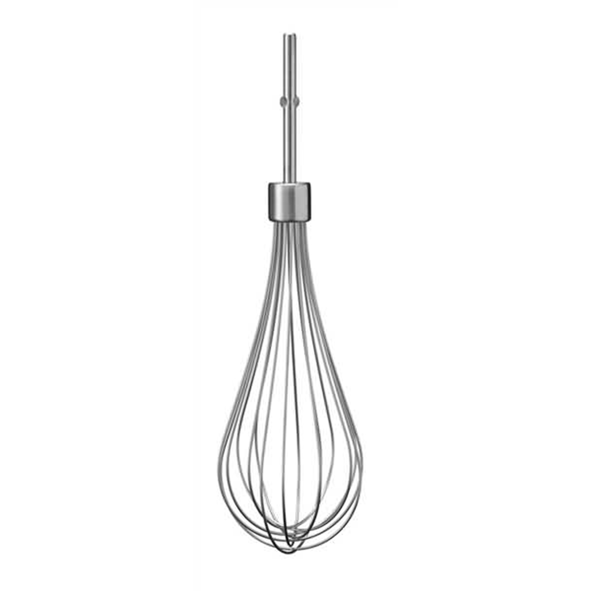 Frusta in acciaio inossidabile su sfondo bianco, isolata, che mostra la forma e il design della frusta.