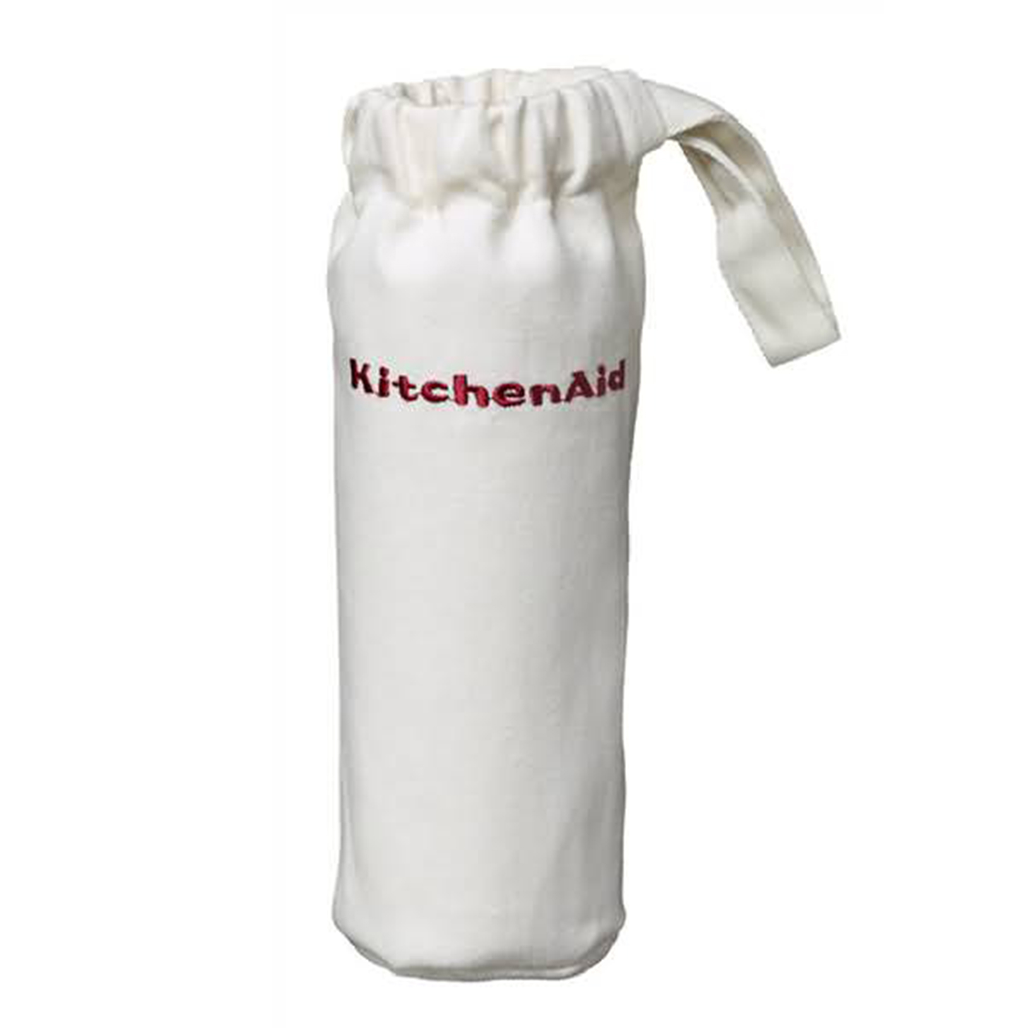 Borsa in tela bianca con logo KitchenAid in rosso. Ha un cordoncino e un'asola.
