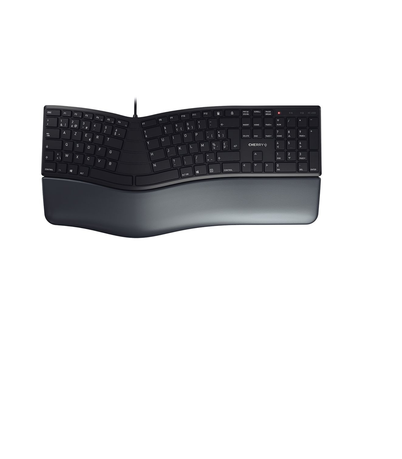 Una tastiera ergonomica nera con un design curvo e un poggiapolsi.