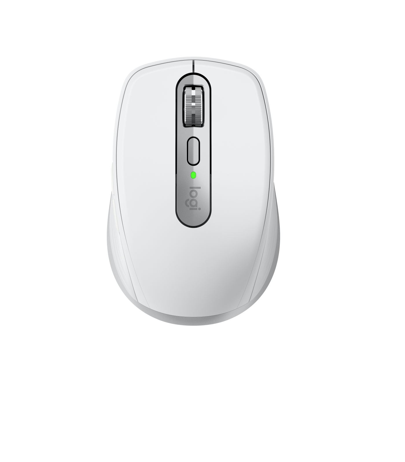 Biała mysz Logitech ze srebrnym kółkiem przewijania i zielonym światłem. Widok z góry na białym tle.