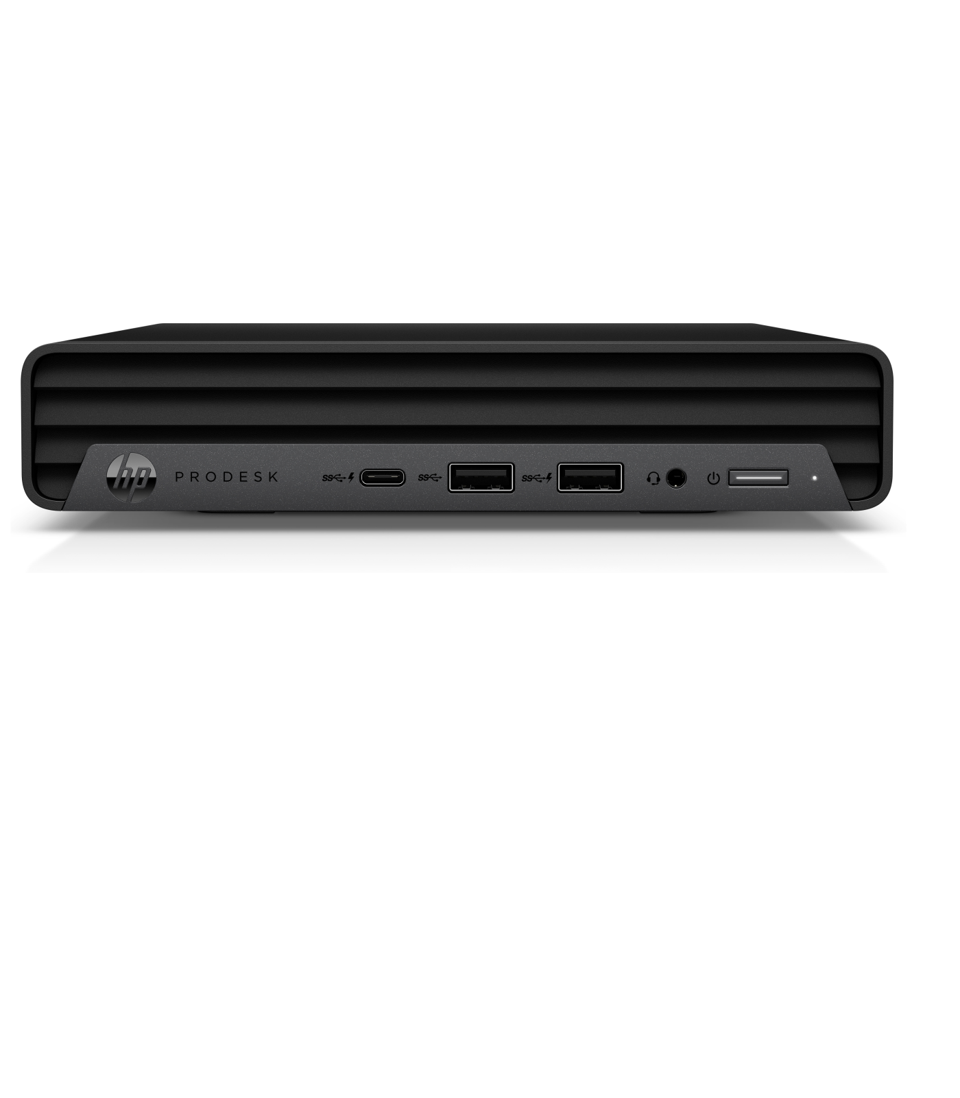Mini ordenador HP ProDesk negro con puertos, colocado sobre una superficie blanca.