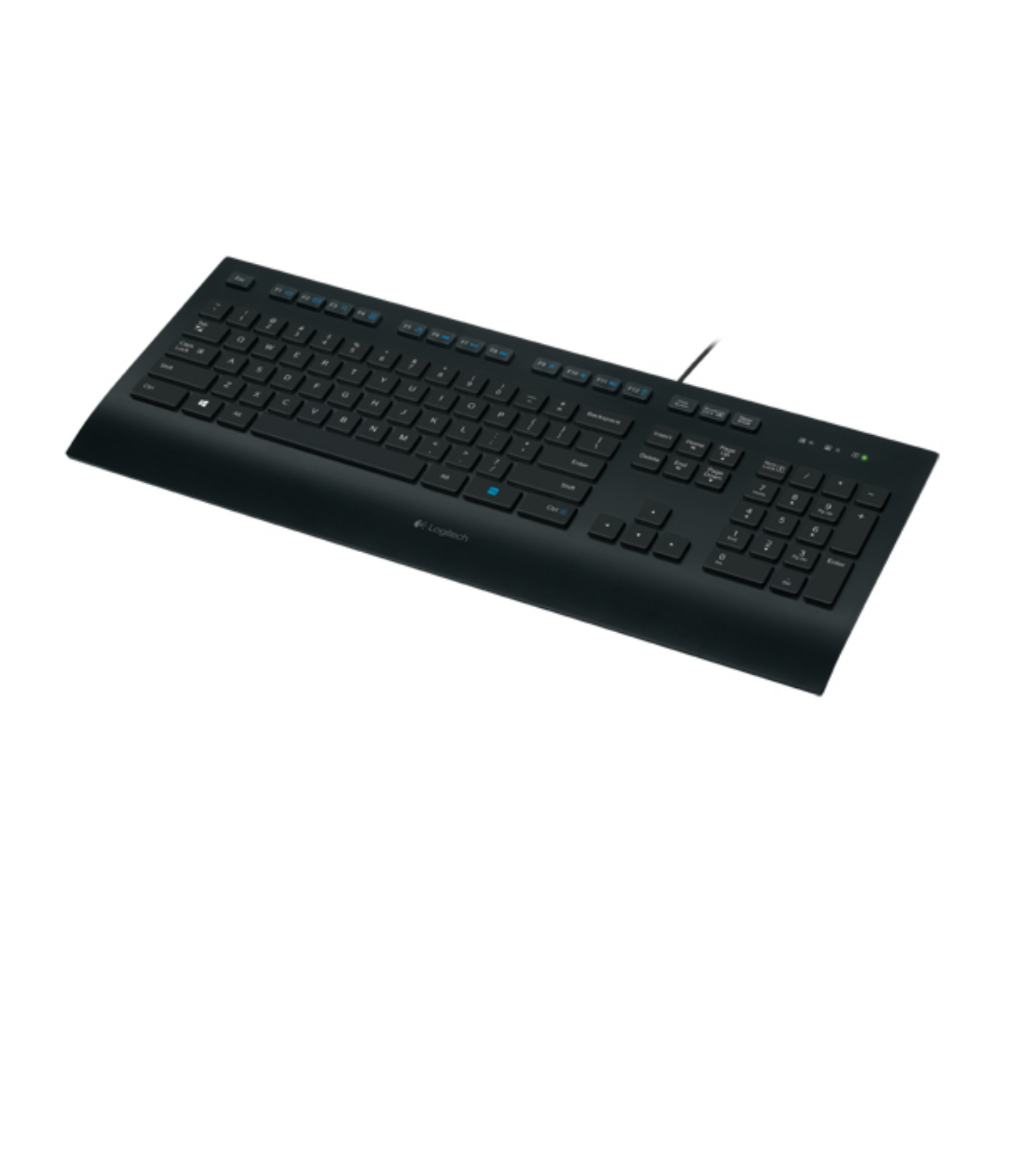 Zwart Logitech-toetsenbord. De toetsen zijn in de standaard QWERTY-indeling.