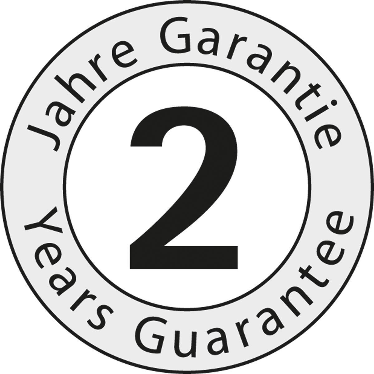 Ein runder Aufkleber mit der Aufschrift "2 Jahre Garantie" auf Englisch und Deutsch.