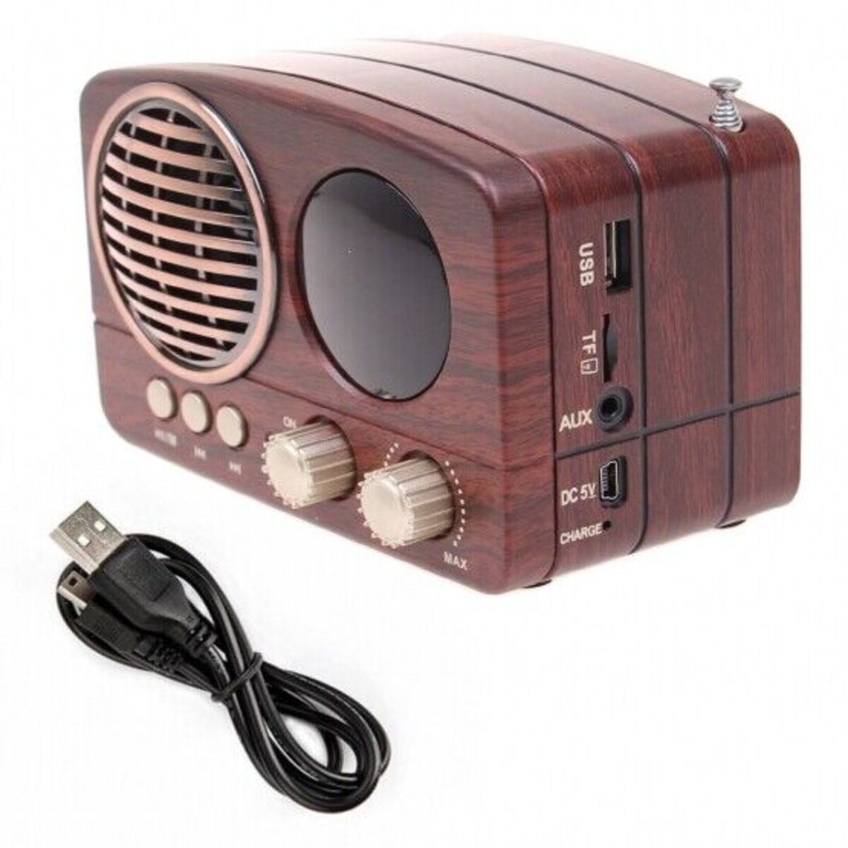 Ein braunes Retro-Radio mit USB- und AUX-Anschluss und einem schwarzen Ladekabel.