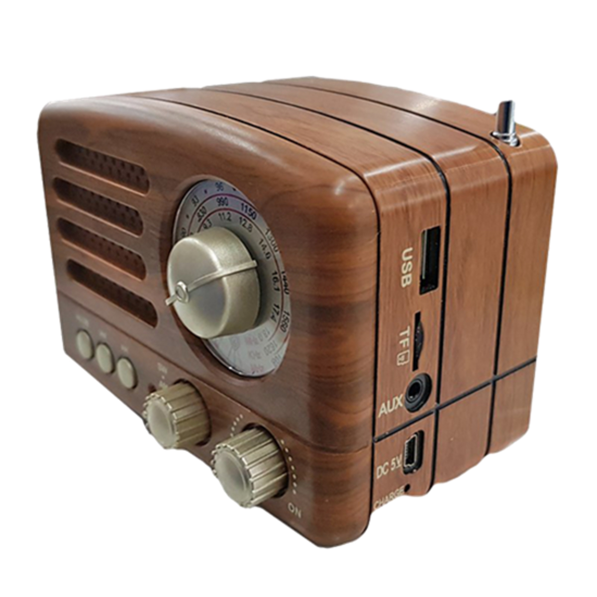 Retro-Radio aus Holz mit Knöpfen und USB-, TF-, AUX-Anschlüssen.
