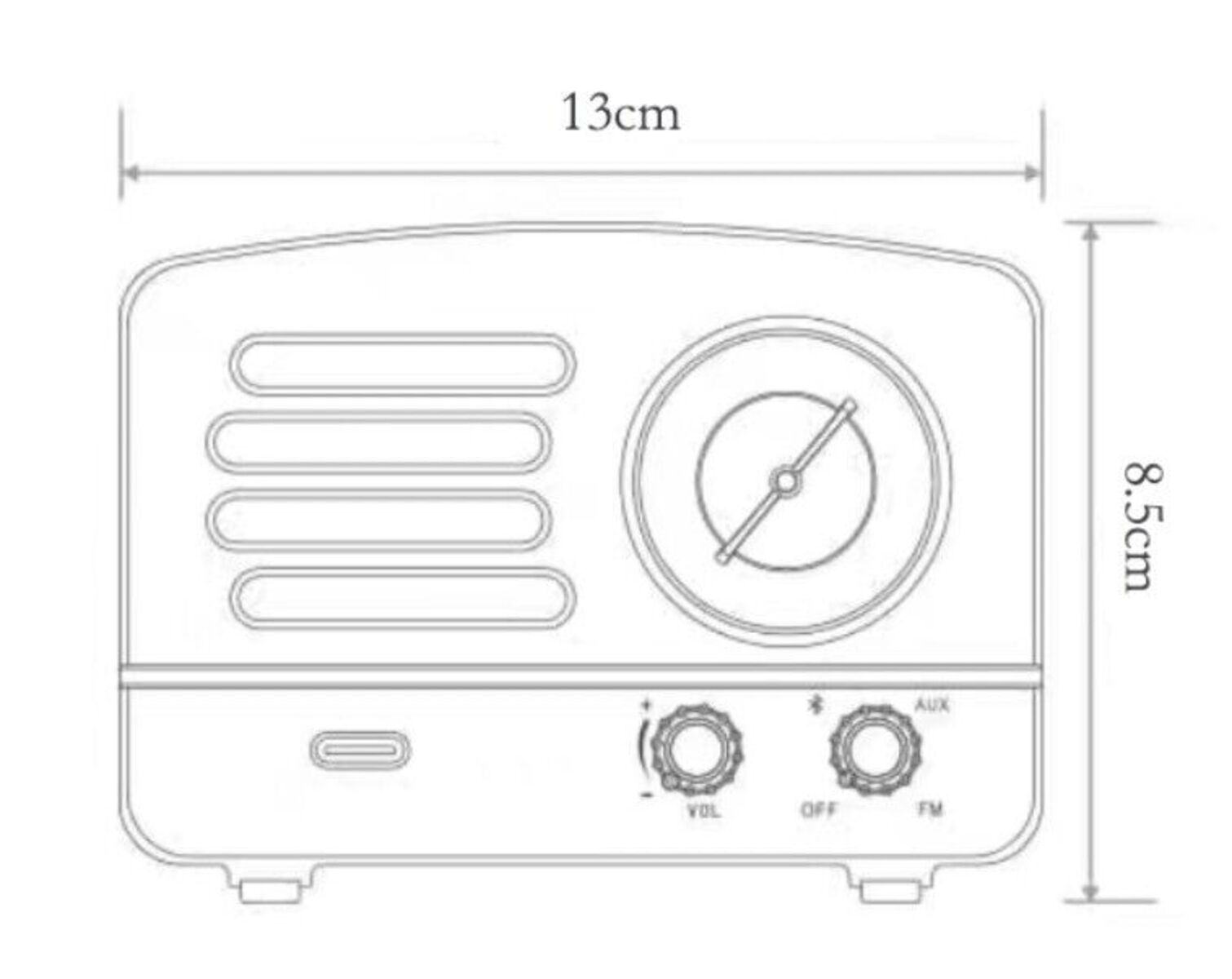 Ein Radio im Retro-Stil mit Drehregler und Lautsprecherlöchern, Abmessungen.