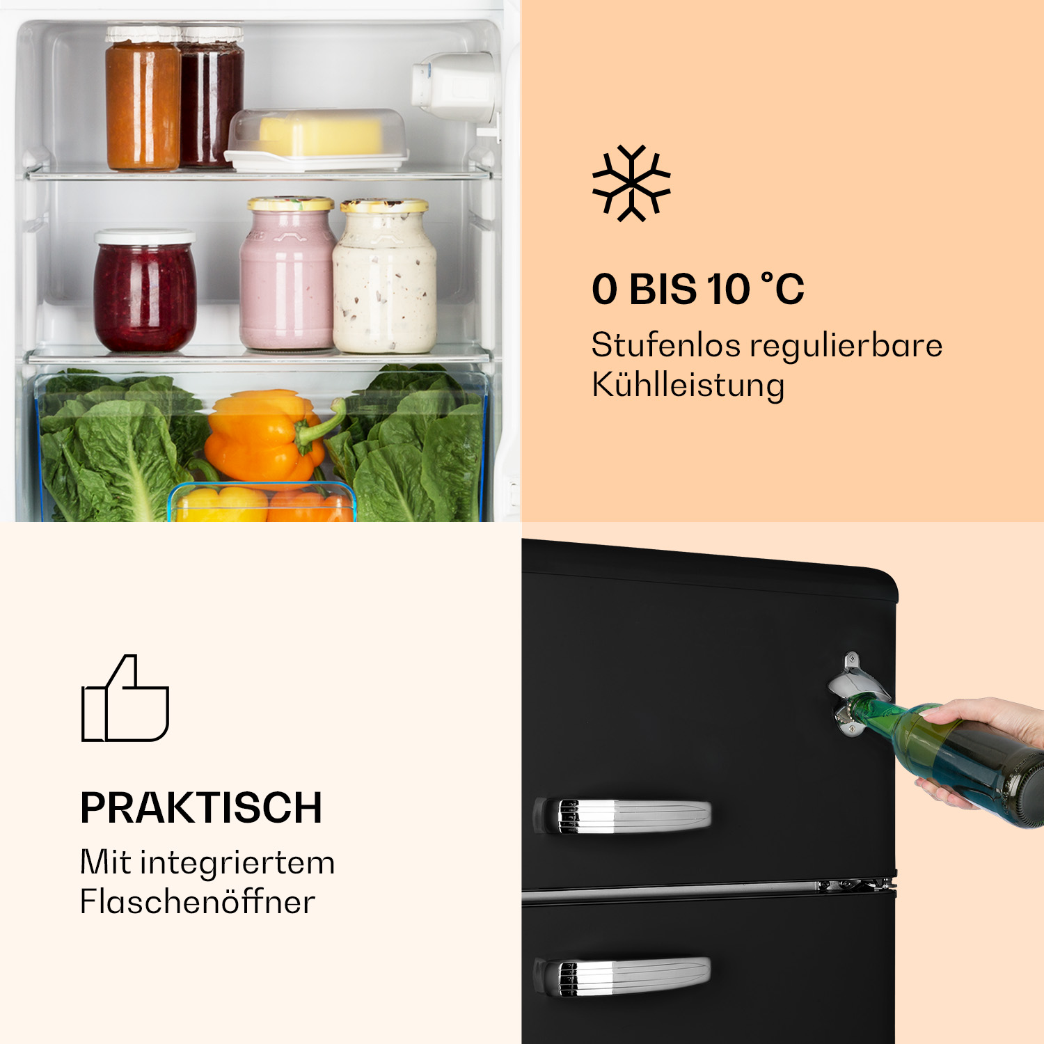 Interno di un frigorifero con ripiani, barattoli e contenitori di cibo, più un apribottiglie.