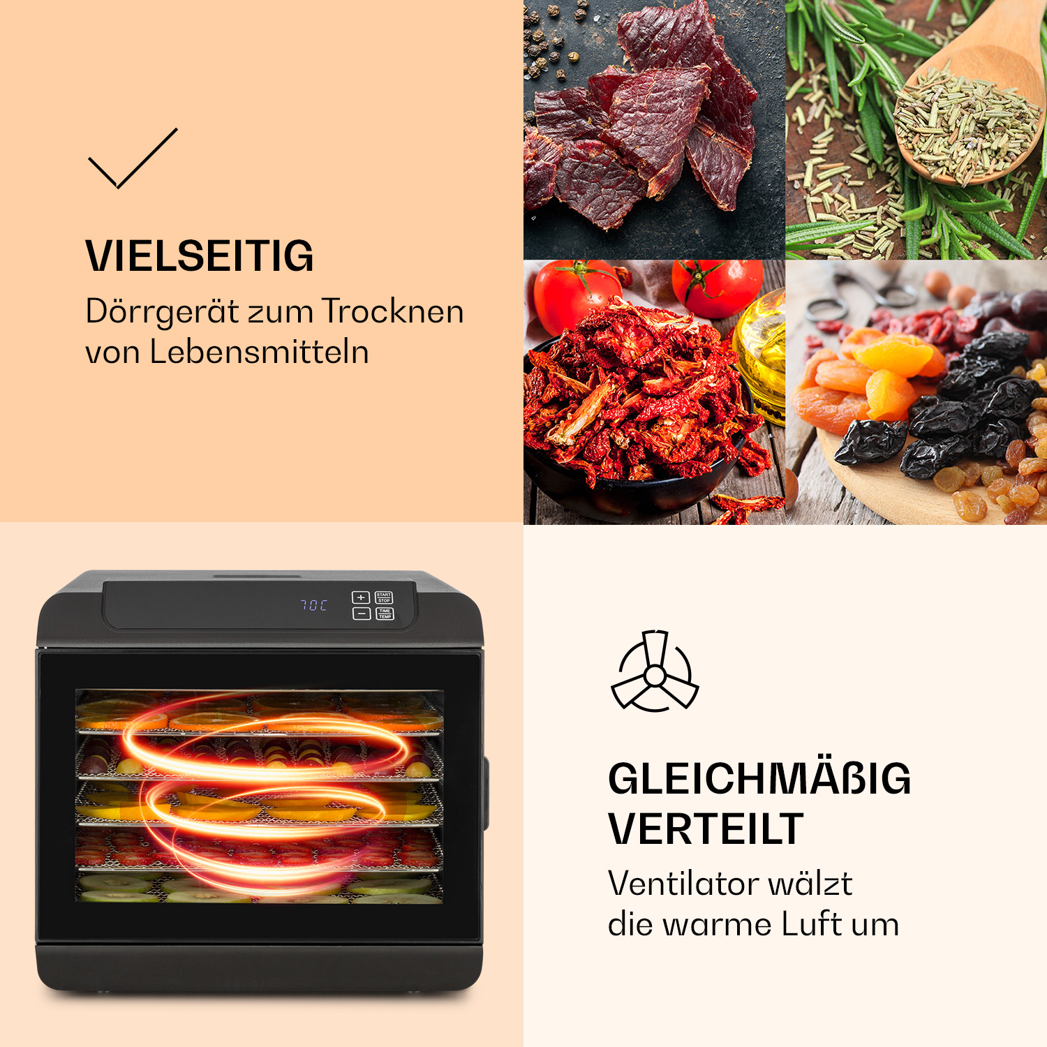 Essiccatore alimentare nero con campioni: carne secca, rosmarino, pomodori, albicocche e uvetta. Testo: versatile.