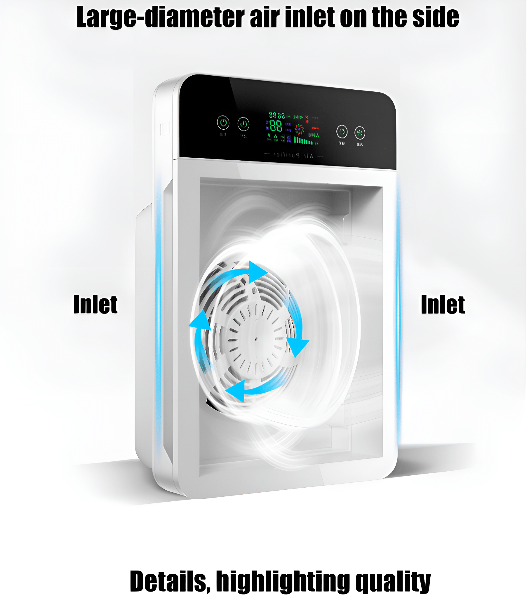 Weißer und schwarzer Luftreiniger mit dem Wort Inlet. Ein Ventilator innen mit blauen Pfeilen.