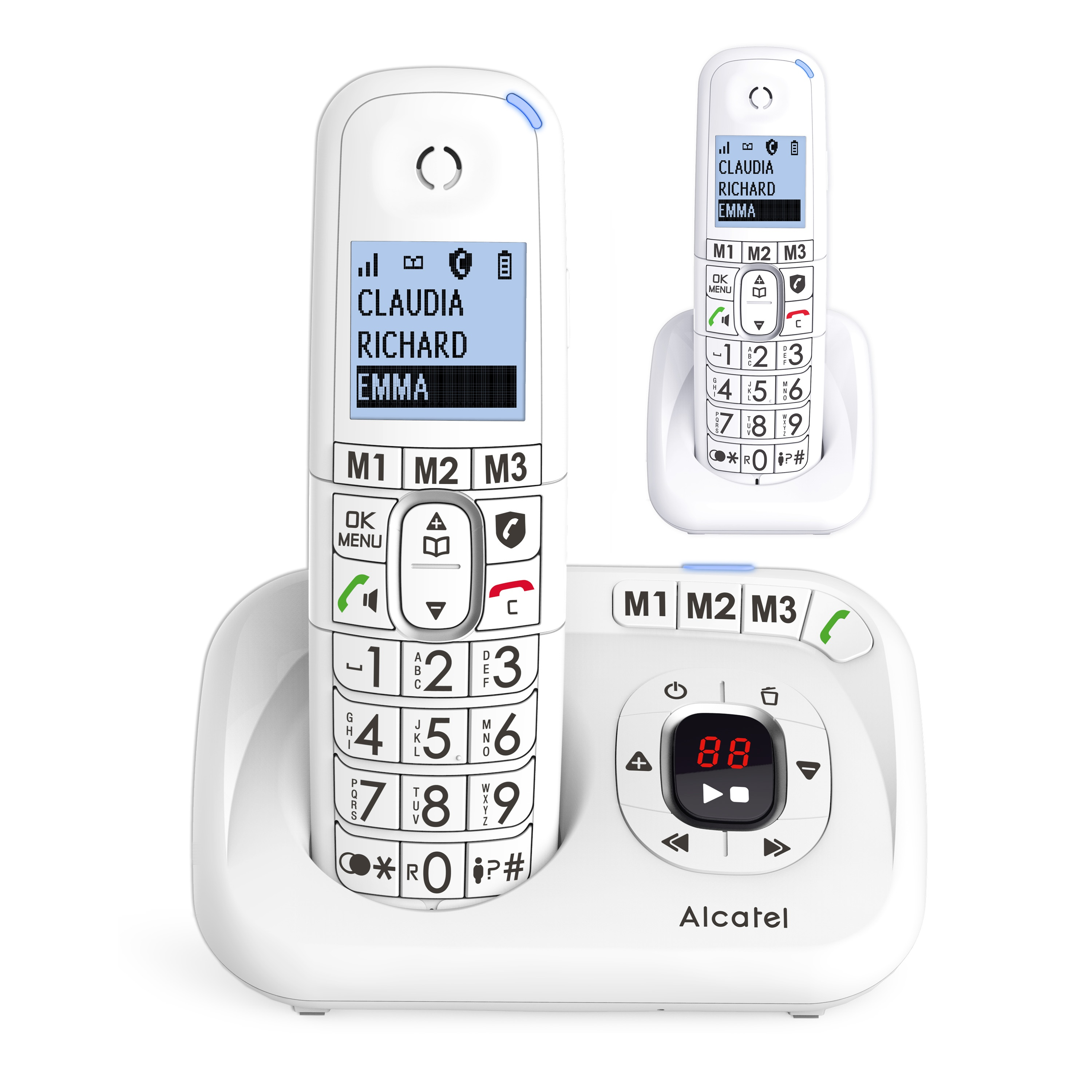 Witte draadloze telefoonset met een basisstation en twee handsets.