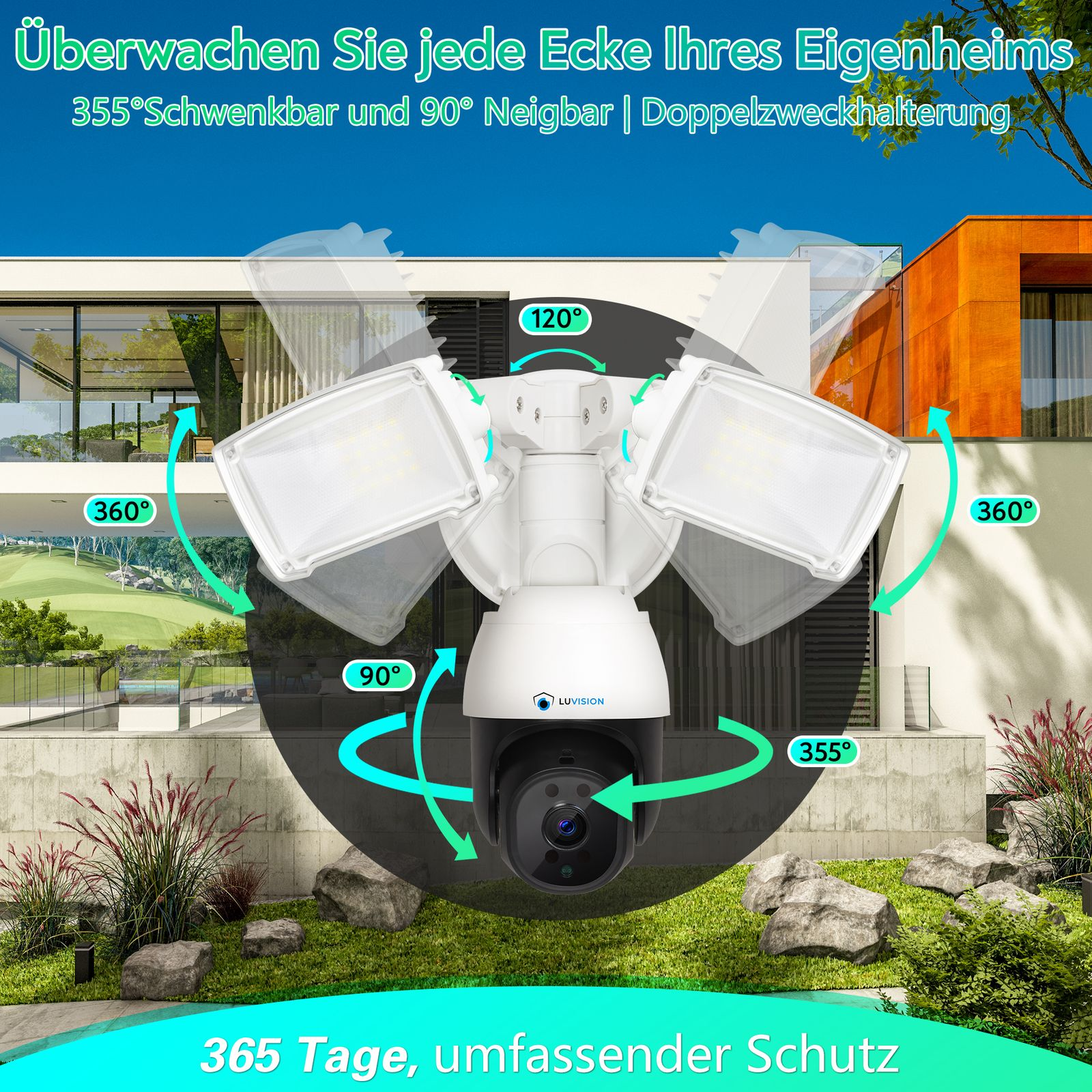 Sicherheitskamerasystem mit drei verstellbaren Lichtern, verschiedene Winkel zeigend.