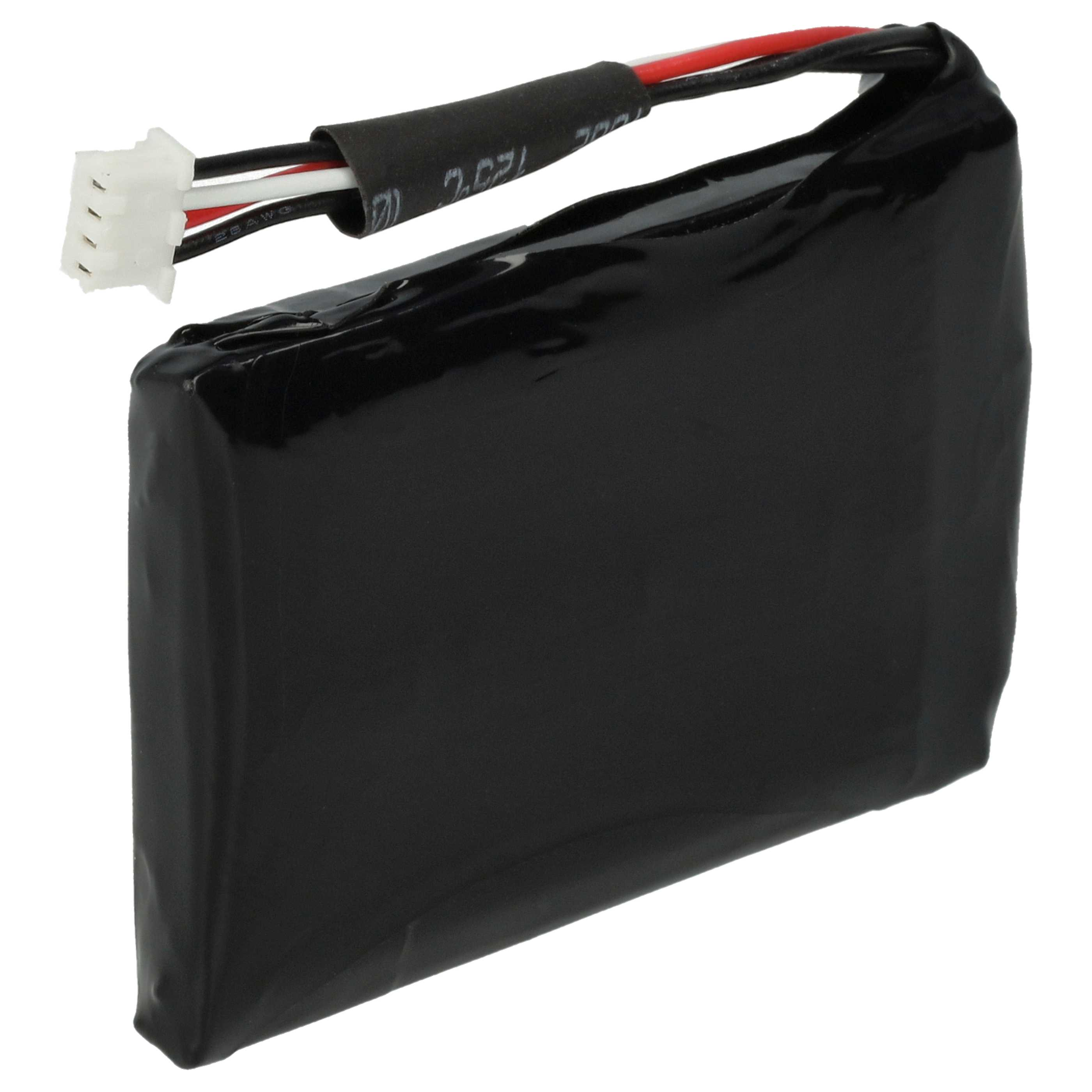 Schwarzes Batteriepack mit Drähten und Stecker. Das Pack ist in schwarzem Schrumpfschlauch.
