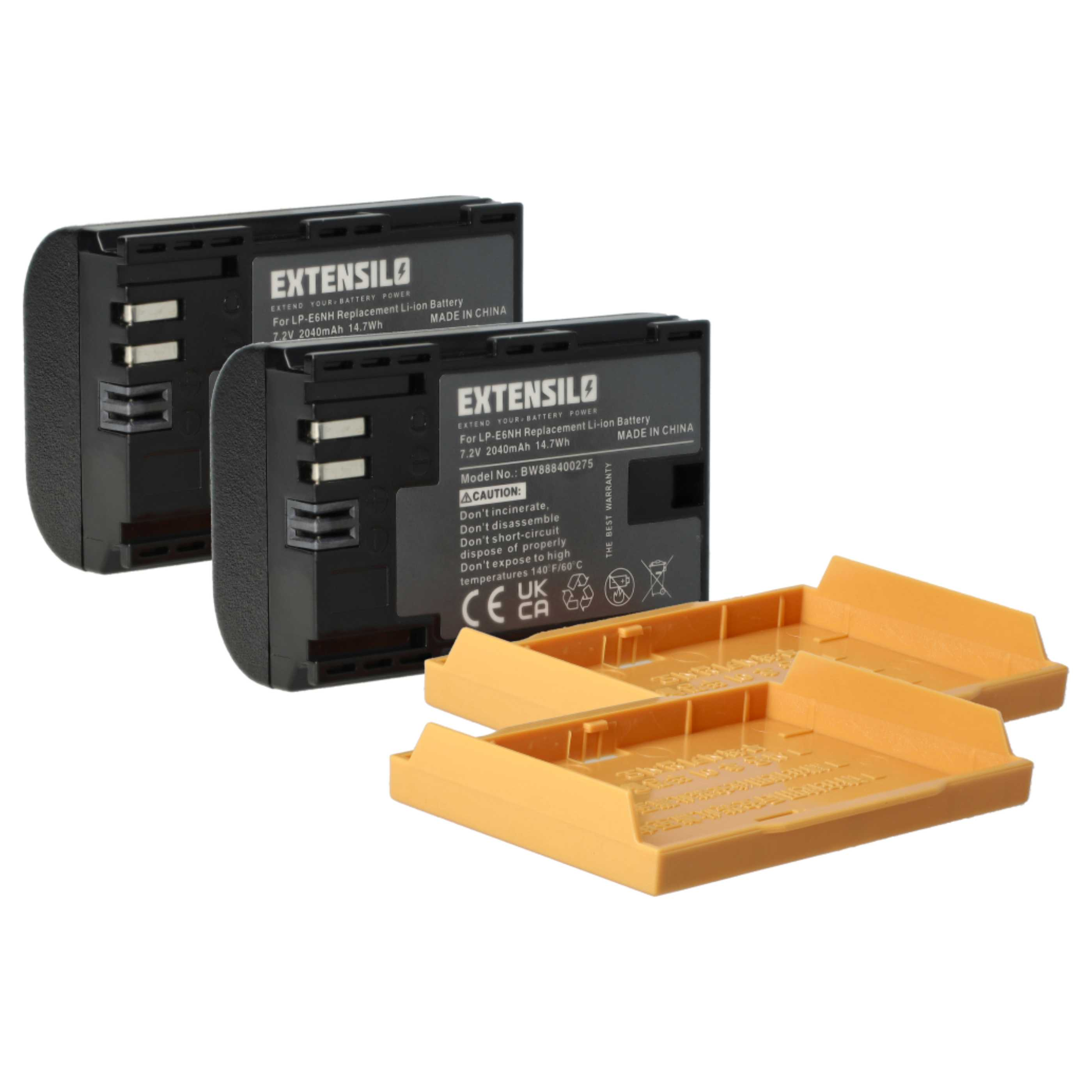 Zwei schwarze Batterien mit orangefarbenen Haltern. Auf den Batterien steht 'EXTENSILO' und 'Lithium Battery'.